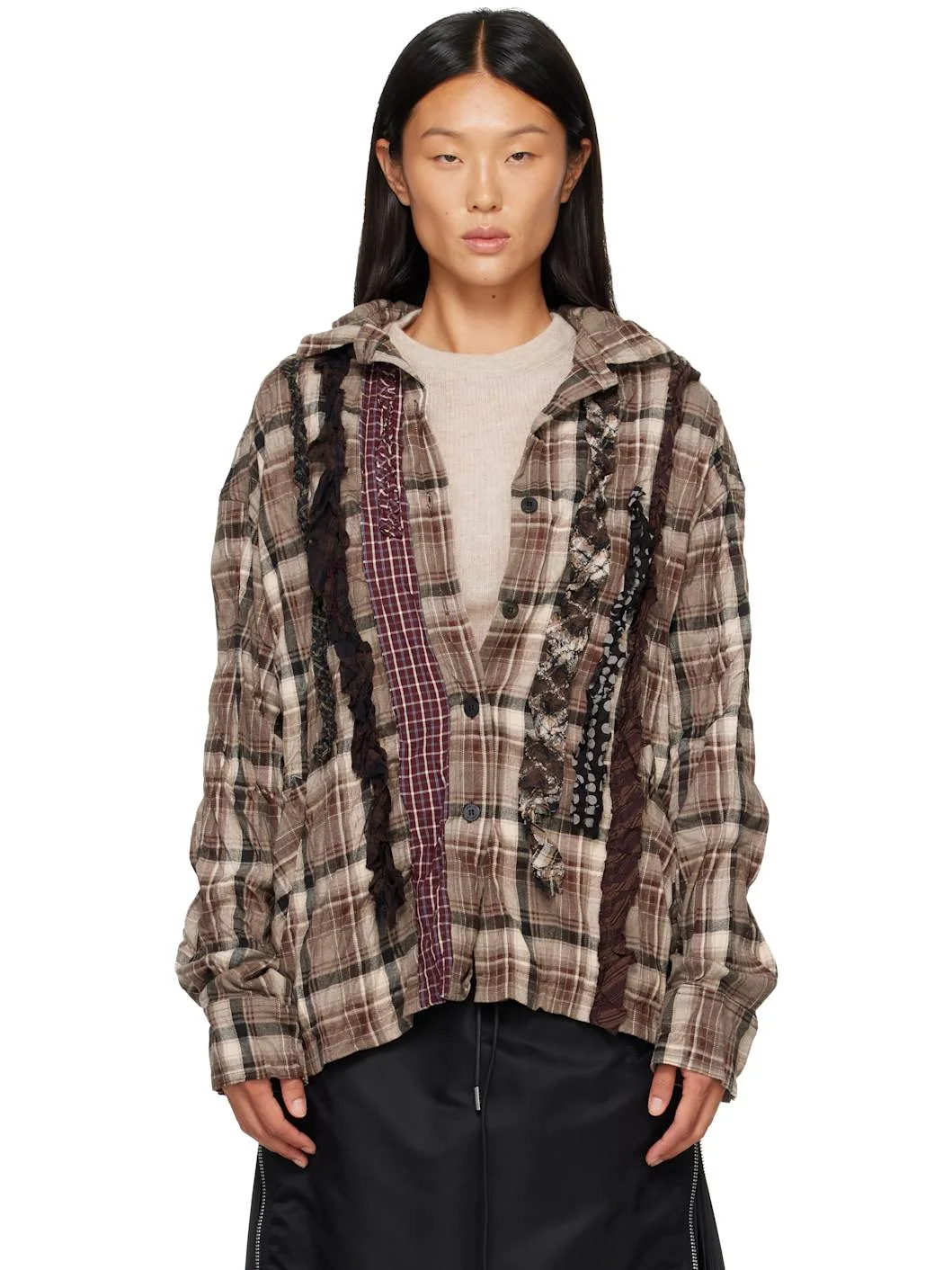 Brown Checkered Crinkle Ruffle Shirt - 1