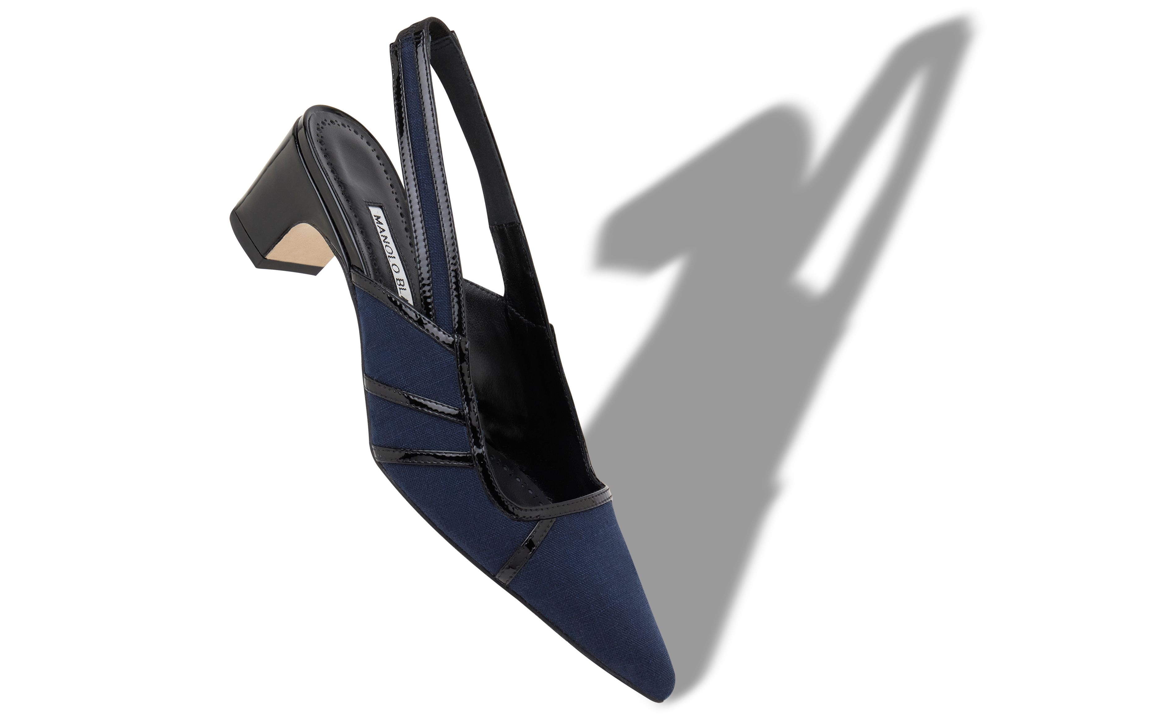 Navy Blue and Black Linen Geometric Slingback Pumps - 2