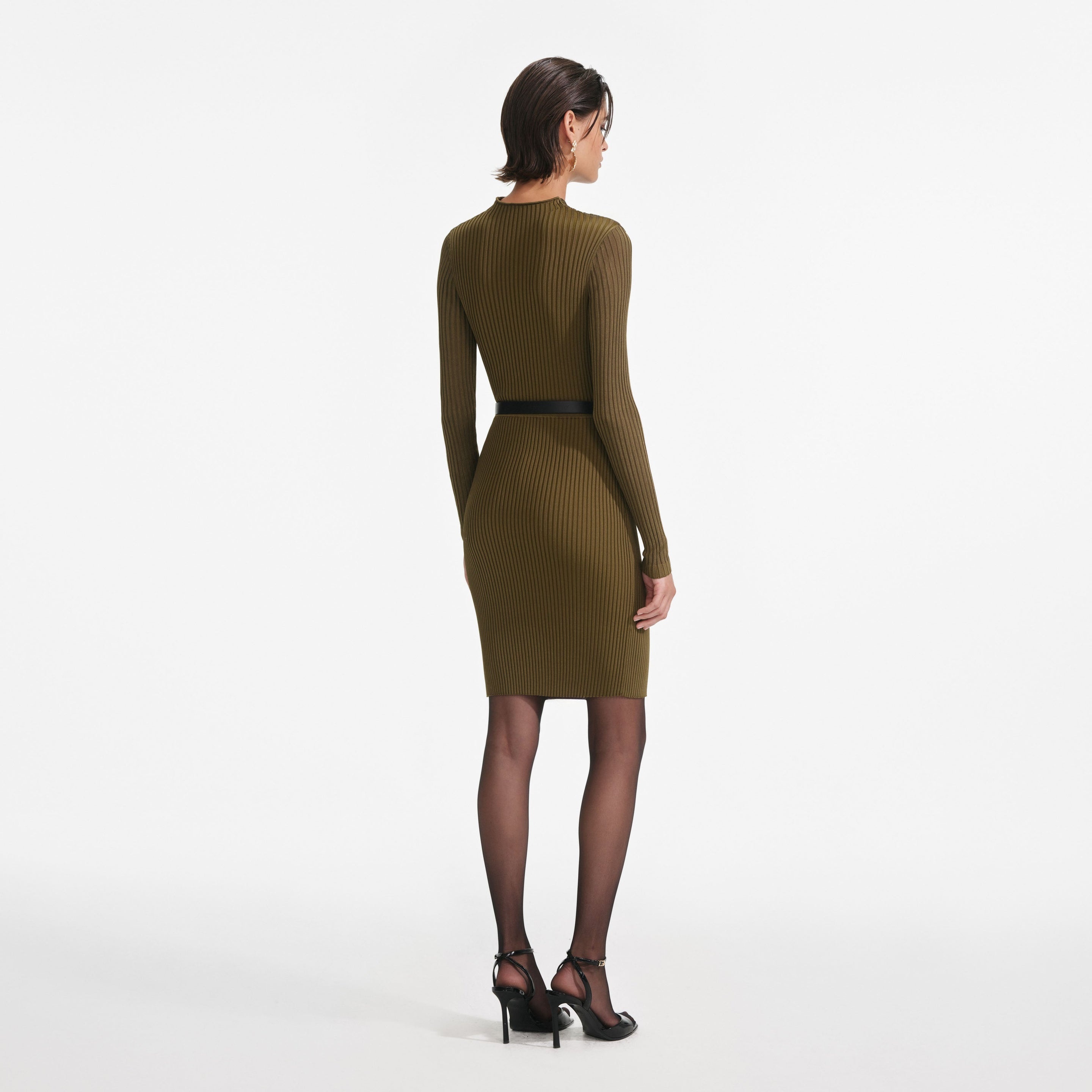 Khaki Cut Out Rib Knit Mini Dress - 3
