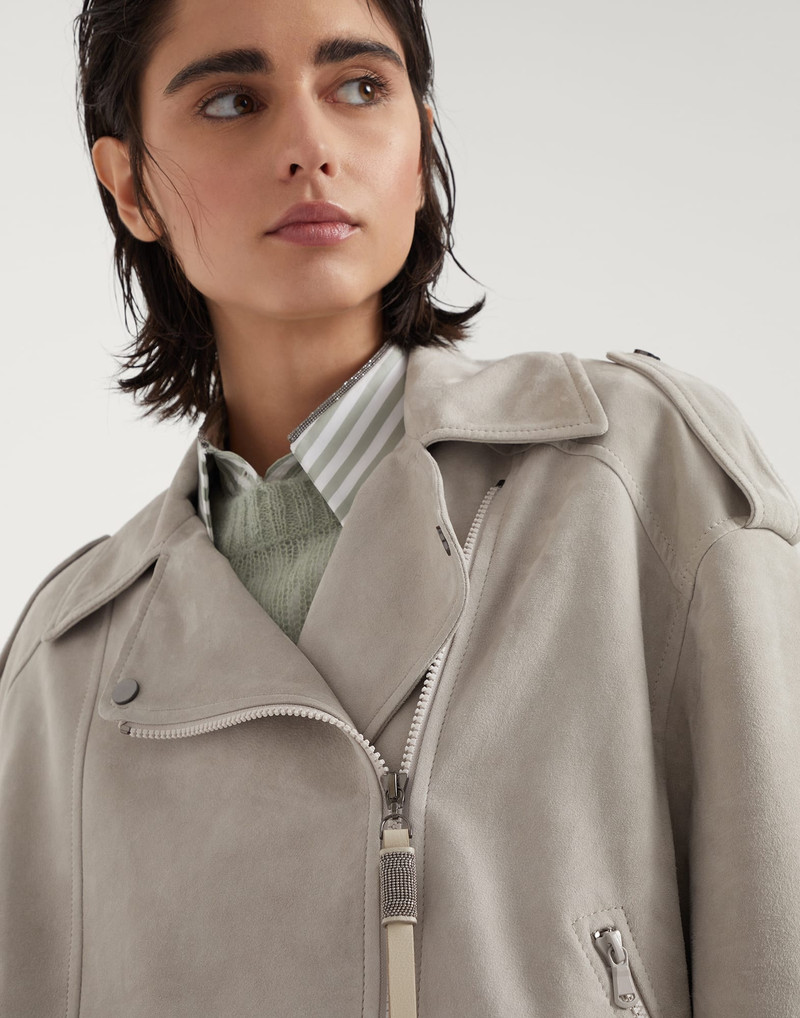 Couture suede biker jacket with precious zipper pull 3