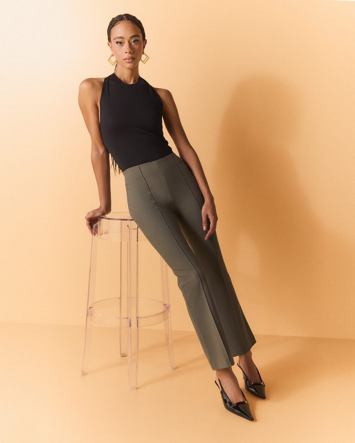 Cropped Flare-Leg Pintuck Pants - 2