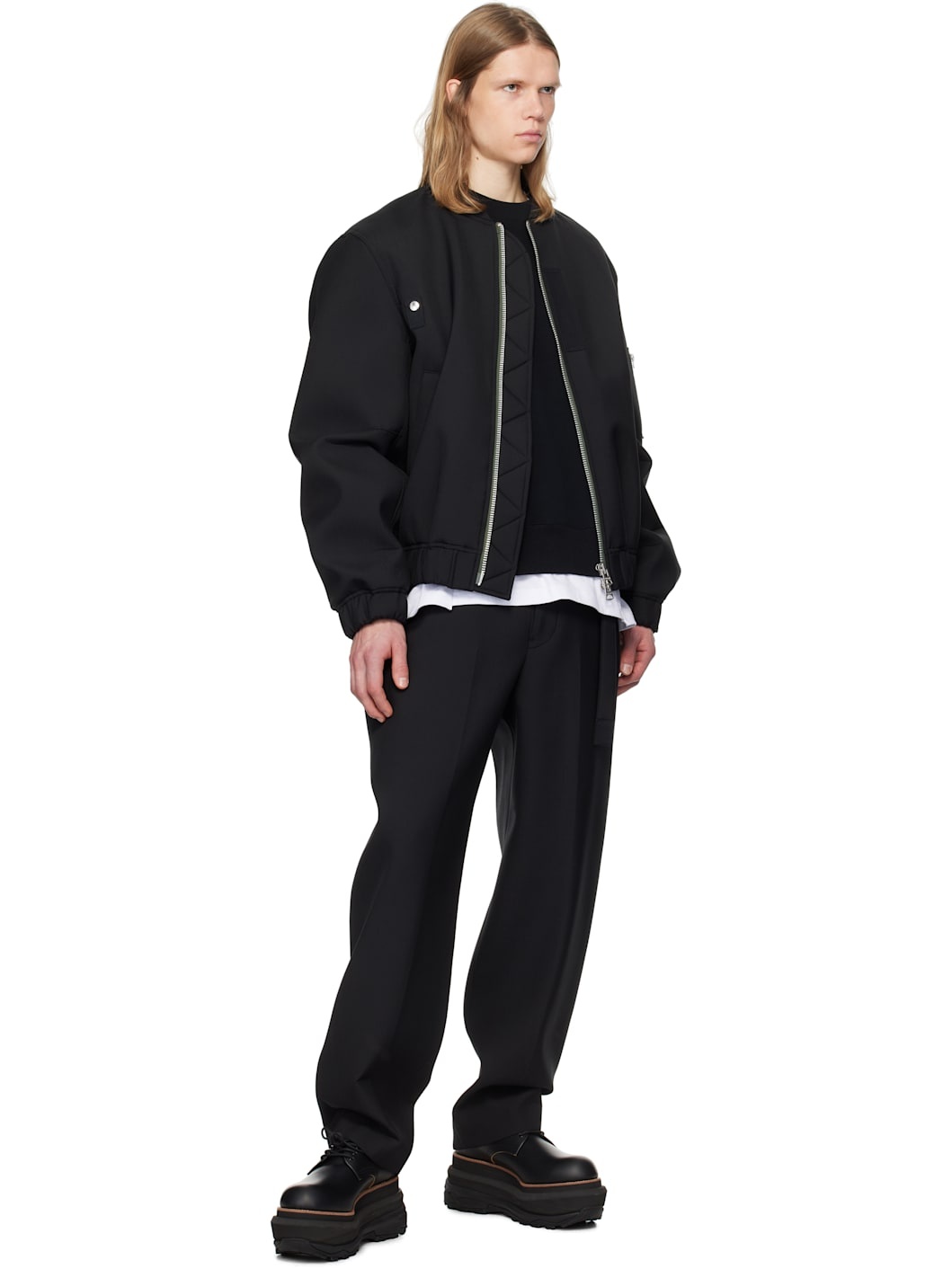 Black Suiting Bonding Bomber Jacket - 4