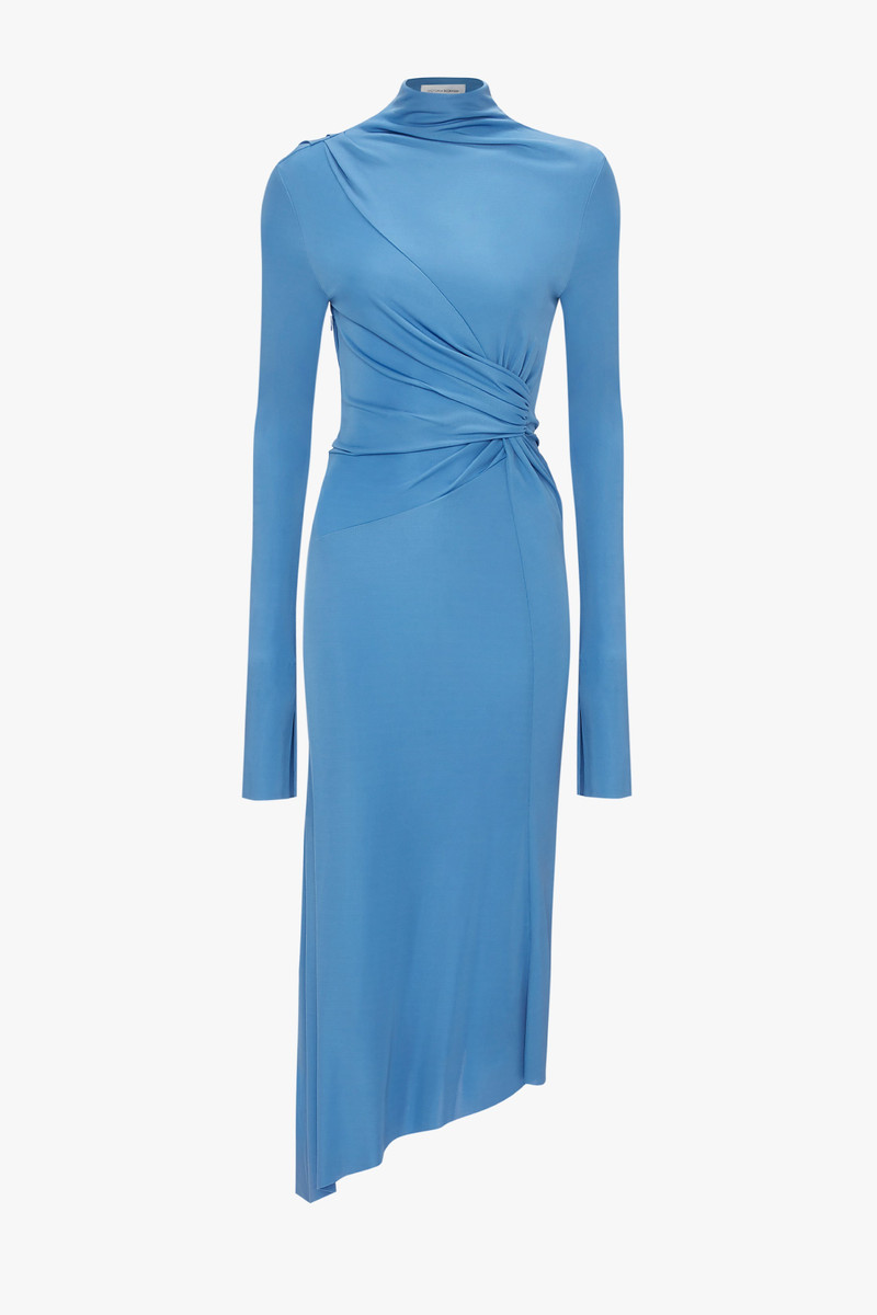 High Neck Asymmetric Draped Dress In Oxford Blue 1