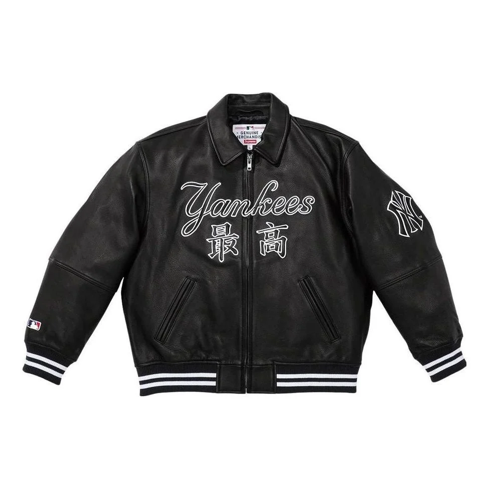 최고 x 뉴욕 Yankees Kanji 가죽 Varsity 재킷 '블랙 화이트'SUP-FW22-735 - 1