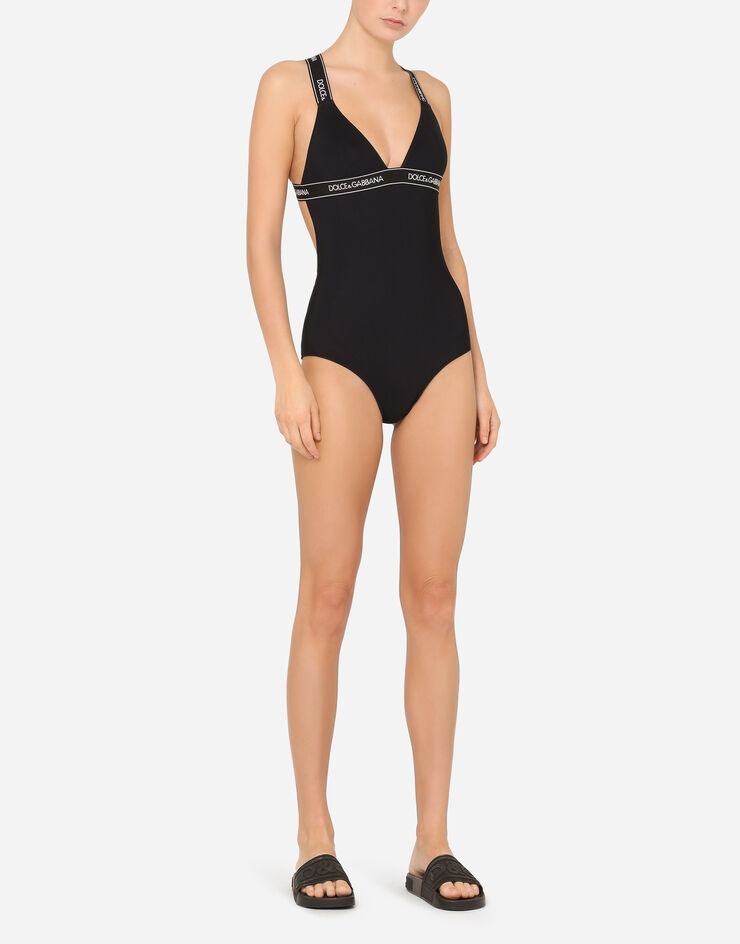 One-piece swimsuit with plunging neckline and branded elastic - 2