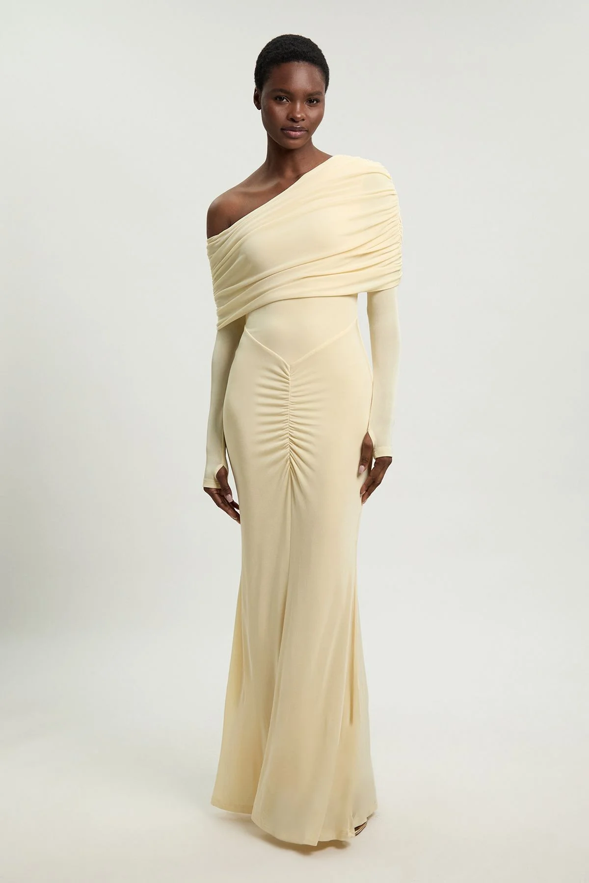 Petite Drapey Crepe Off The Shoulder Ruched Detail Fishtail Maxi Dress - 1