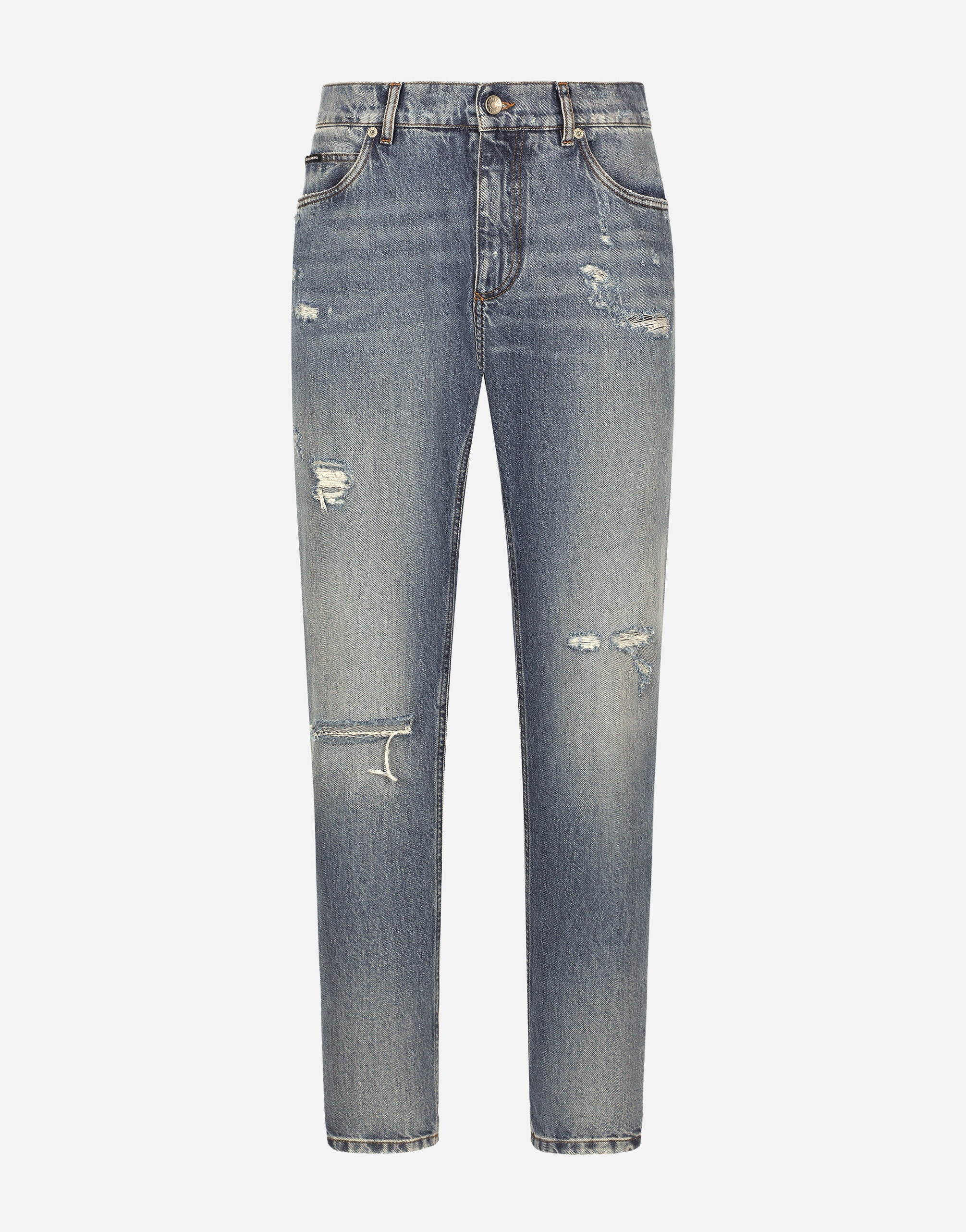 Regular-fit blue wash jeans with abrasions - 1