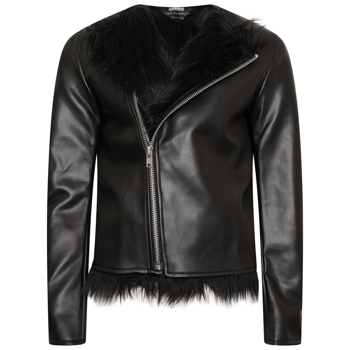 Faux-Leather Fur Lined Biker Jacket in Black - 1