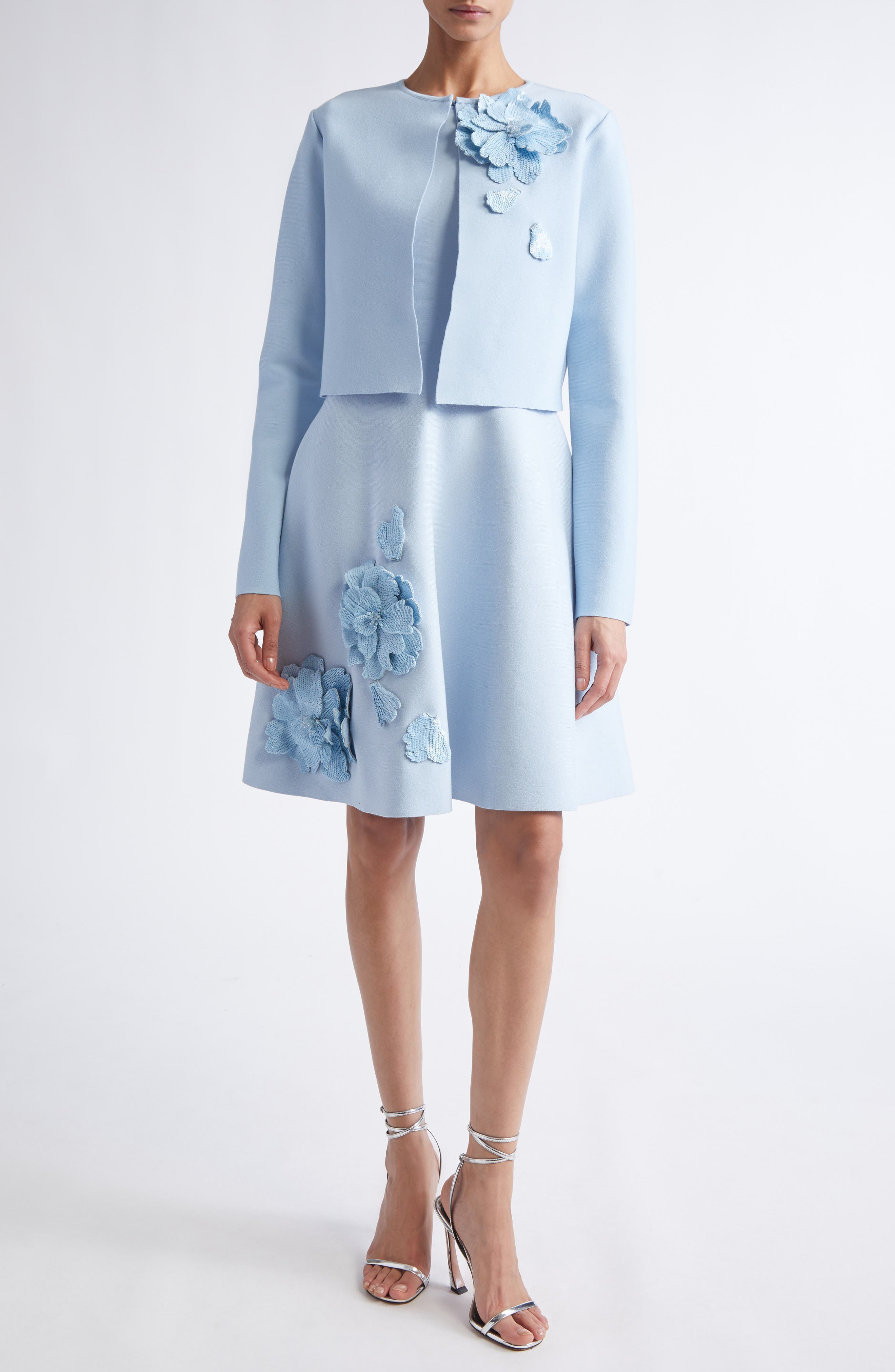 Oscar de la Renta Peony Appliqué Fitted Jacket in Light Blue at Nordstrom - 2