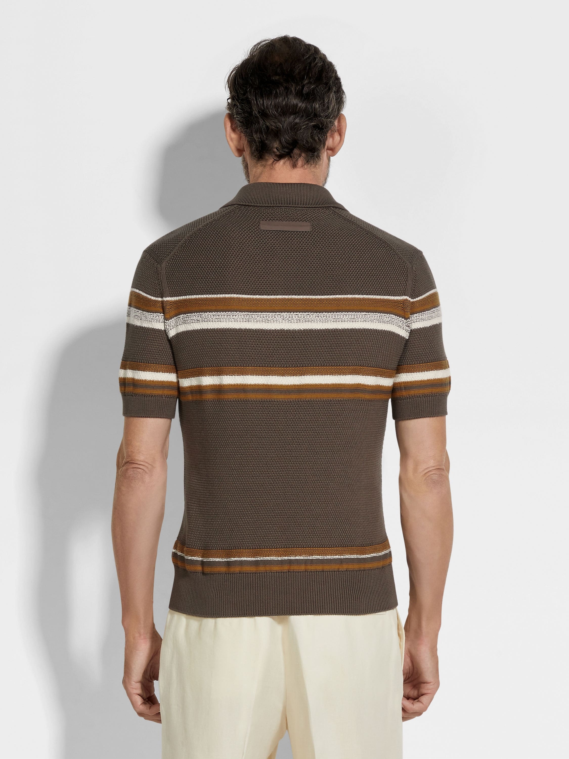 DARK TAUPE OCHRE AND WHITE COTTON AND SILK POLO SHIRT - 5