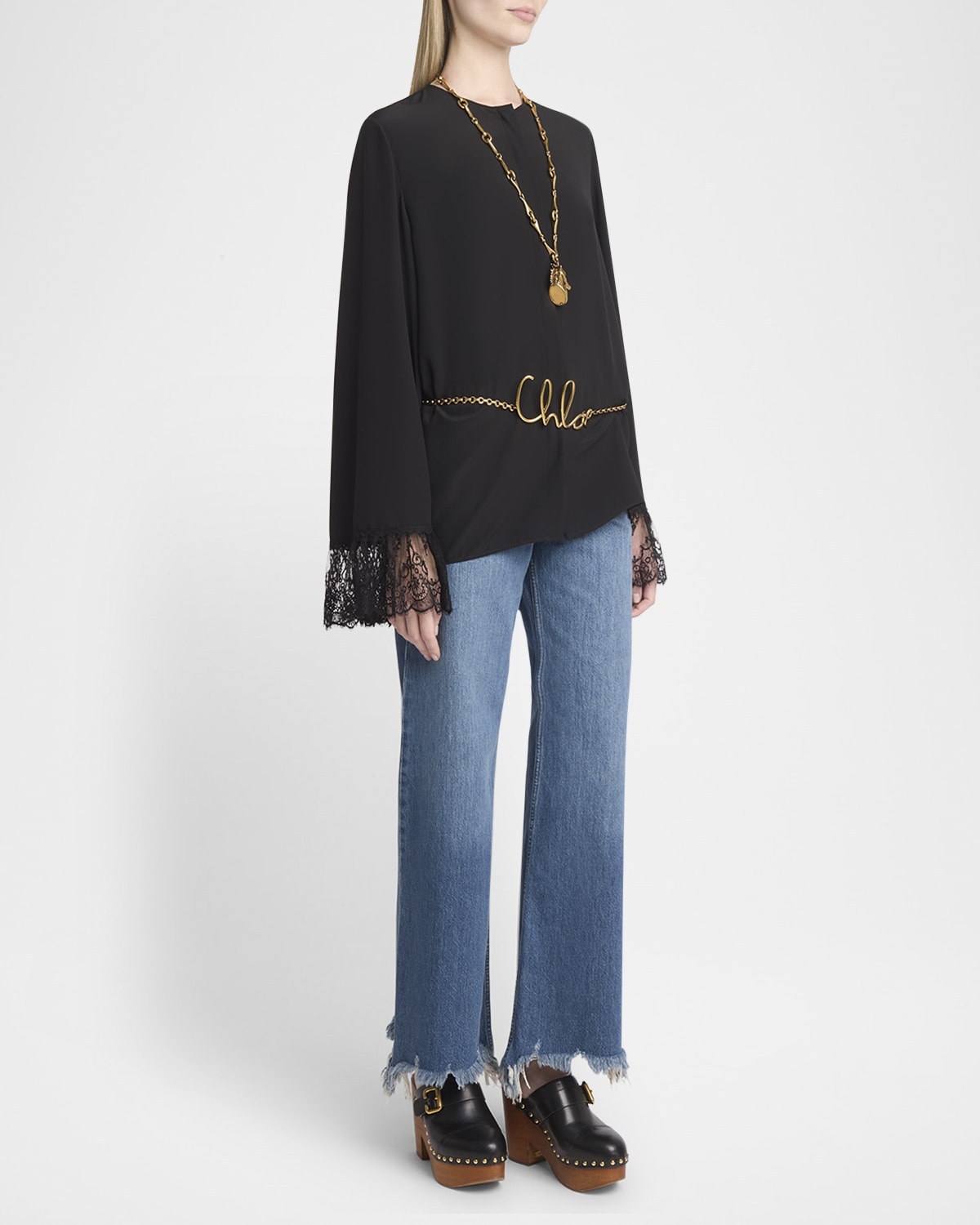 Button Down Crepe De Chine Top with Lace Sleeves - 3