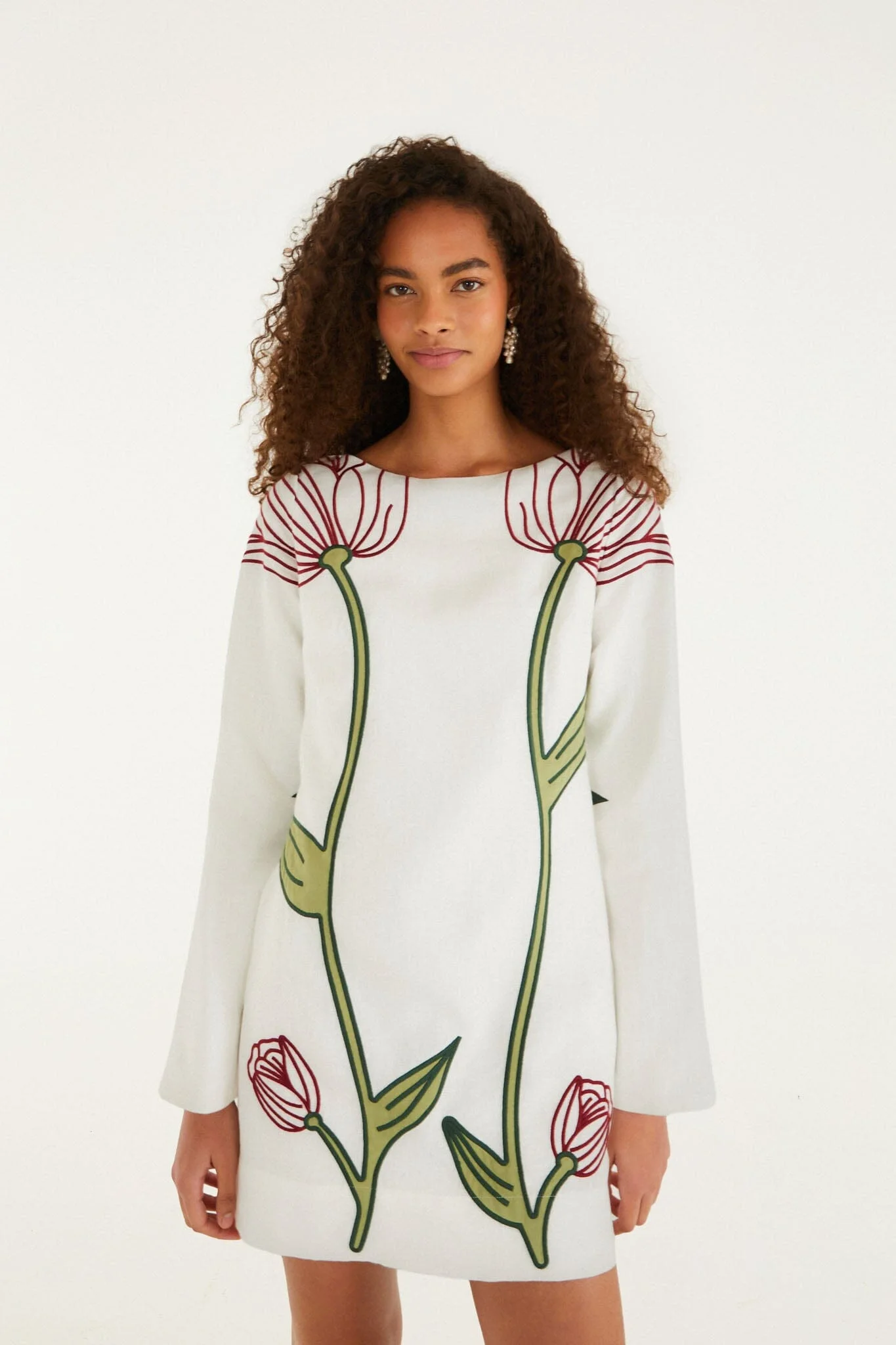 Off-White Flower Embroidered Long Sleeve Mini Dress - 1