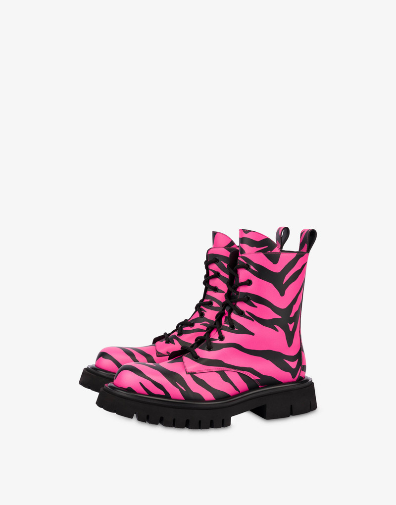 MOSCHINO X THE FLINTSTONES™ ZEBRA-PRINT COMBAT ANKLE BOOTS 1