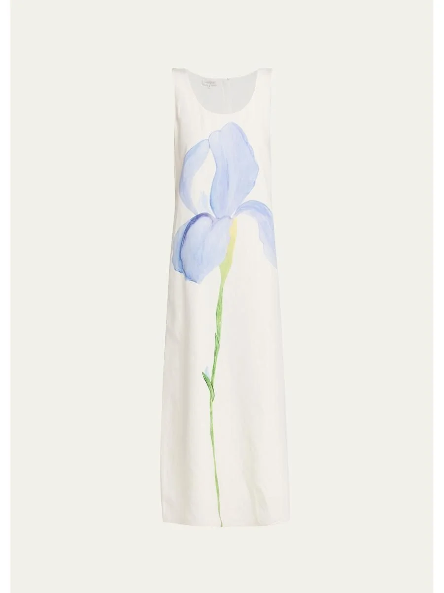 Sleeveless Flower Silk-Linen Maxi Dress - 1