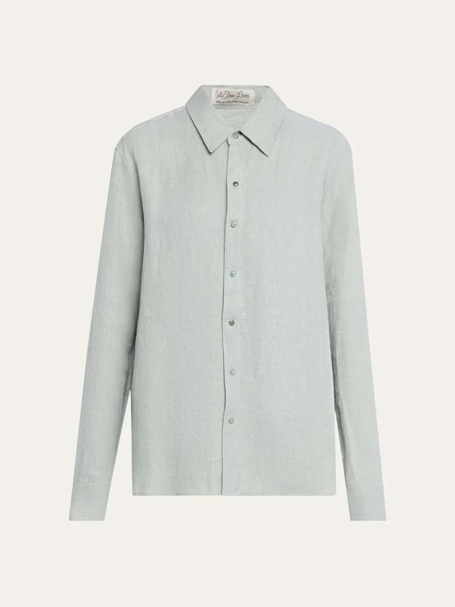 Silver Solid Linen Button-Front Shirt - 1