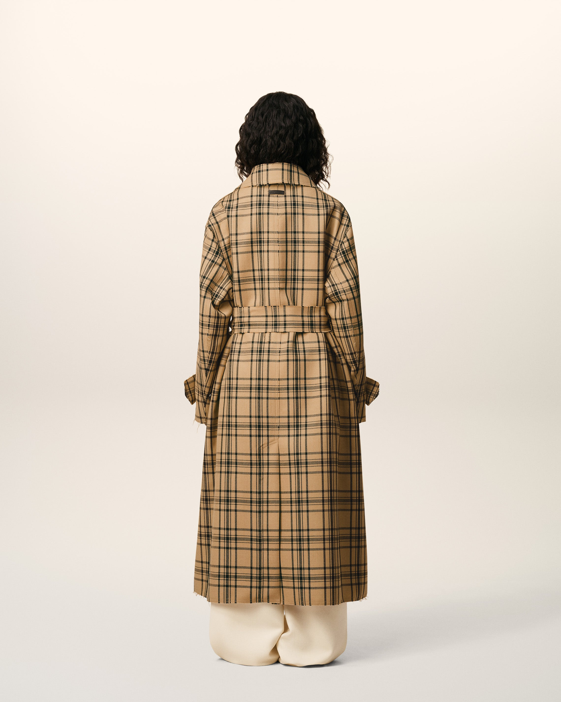BROWN WOOL CHECKED BELTED MAC - 5