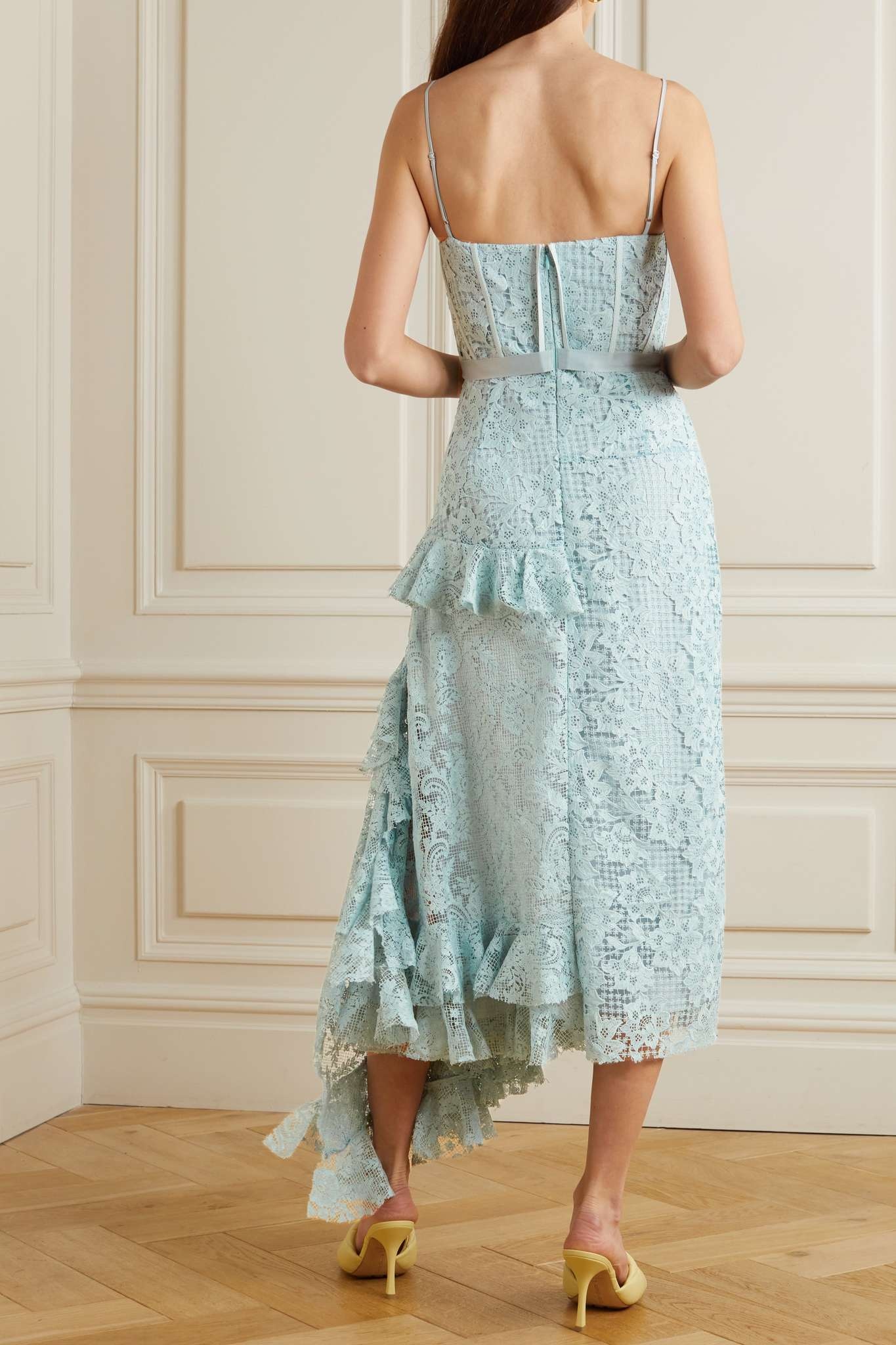 Melora asymmetric ruffled satin-trimmed recycled-lace midi dress - 4