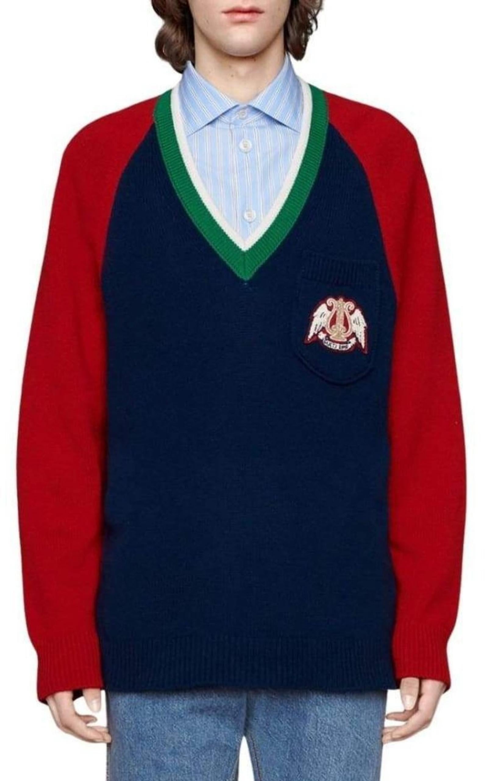Blue V-neck Wool Sweater With Lyre - 3