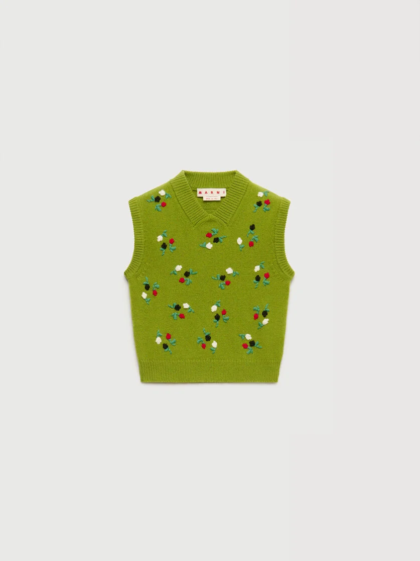 GREEN WOOL-CASHMERE VEST WITH FLOWER EMBROIDERY - 1