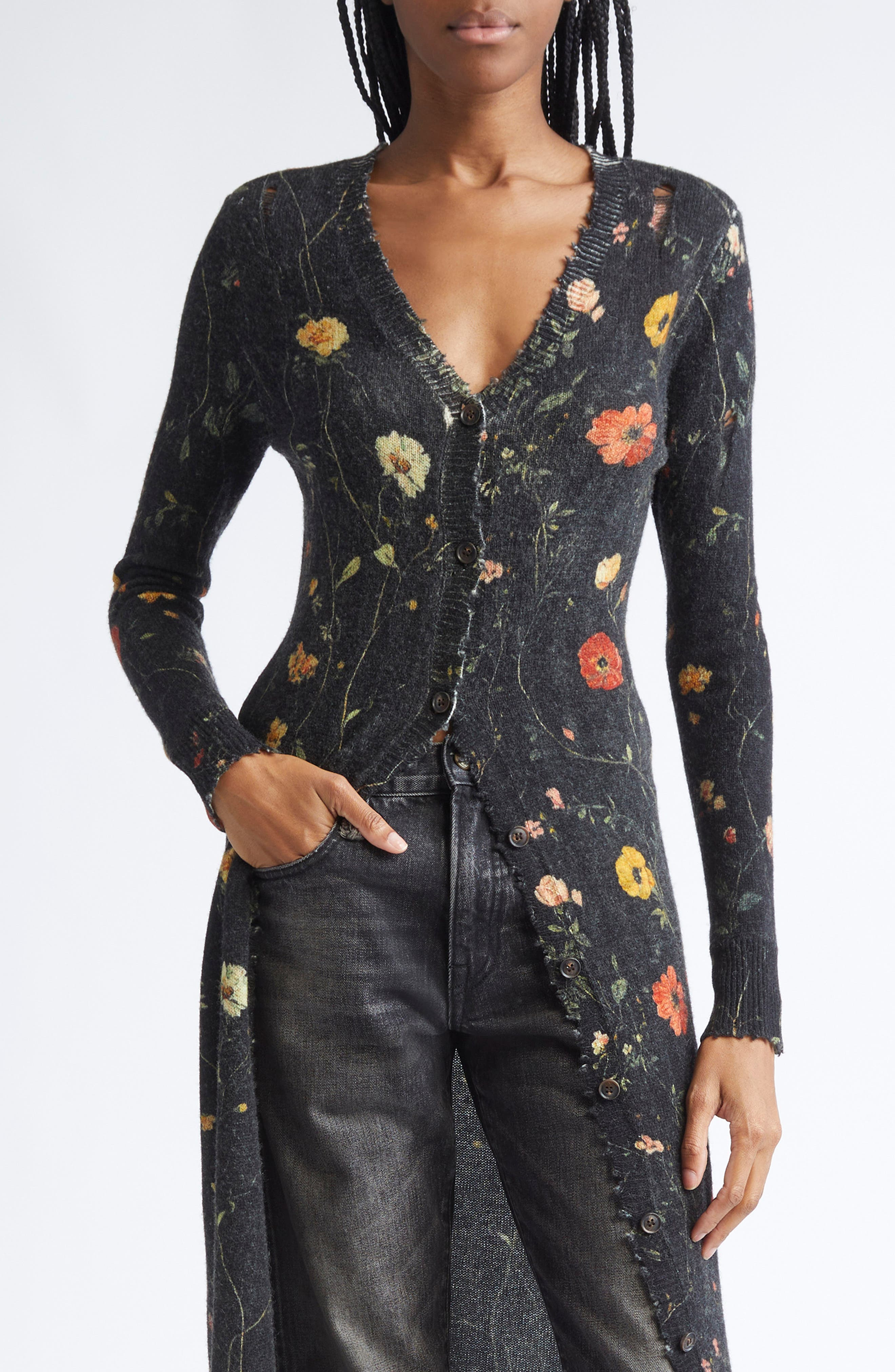 R13 Floral Skinny Long Merino Wool Cardigan in Floral On Black at Nordstrom - 1