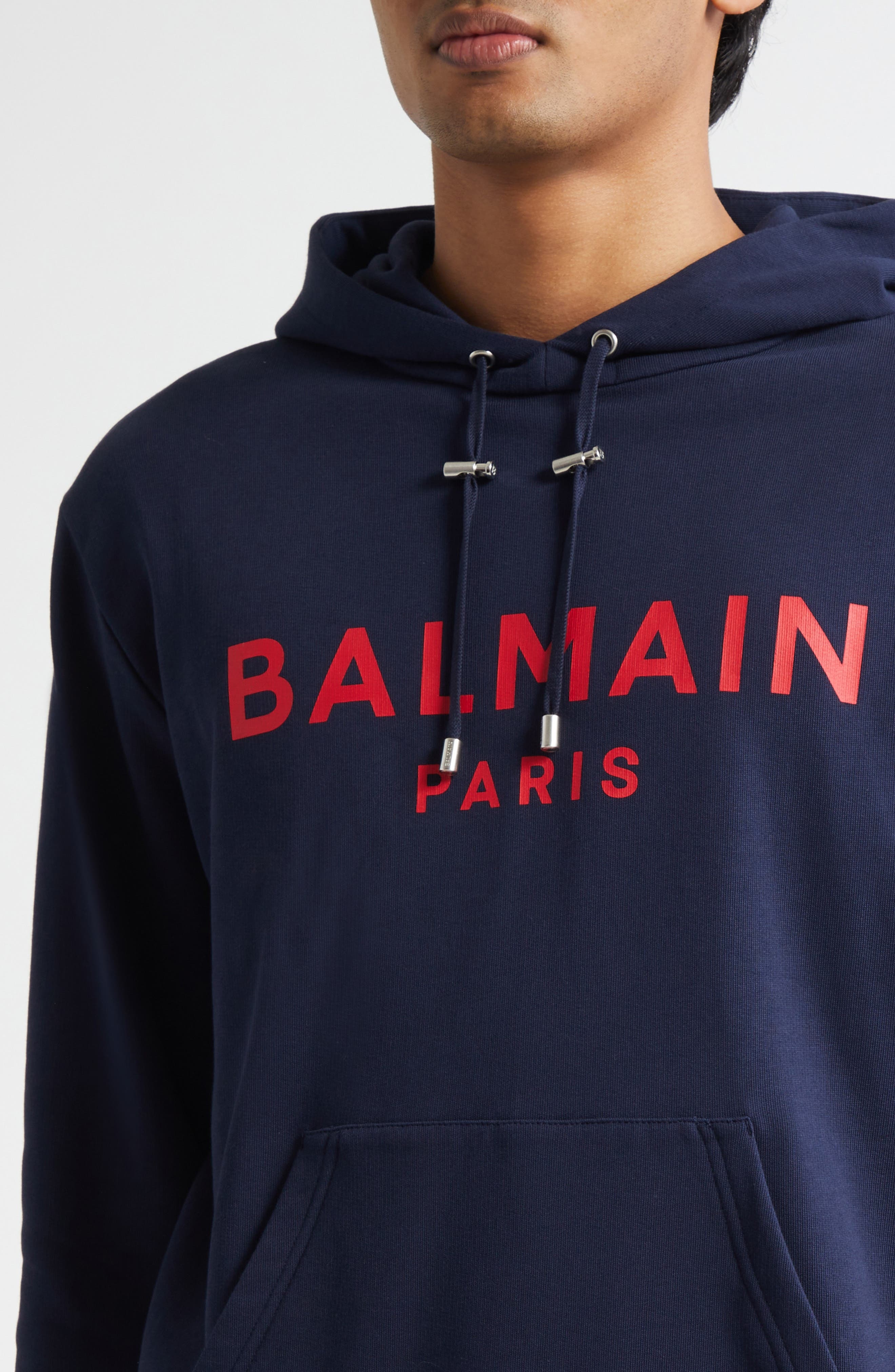 Balmain Logo Organic Cotton Graphic Hoodie in Soa Navy/Red at Nordstrom - 4