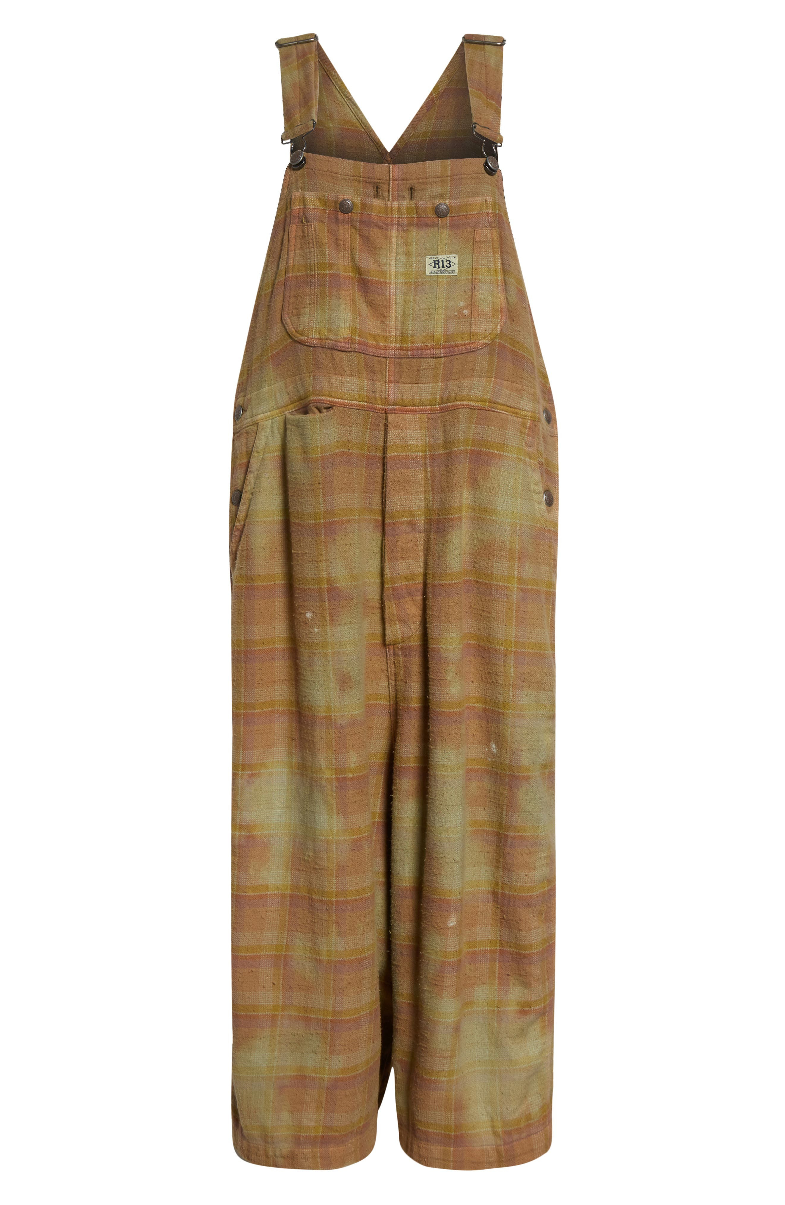 R13 Overdyed Plaid Cotton Flannel Jumbo Overalls in Overdyed Khaki Plaid at Nordstrom - 6