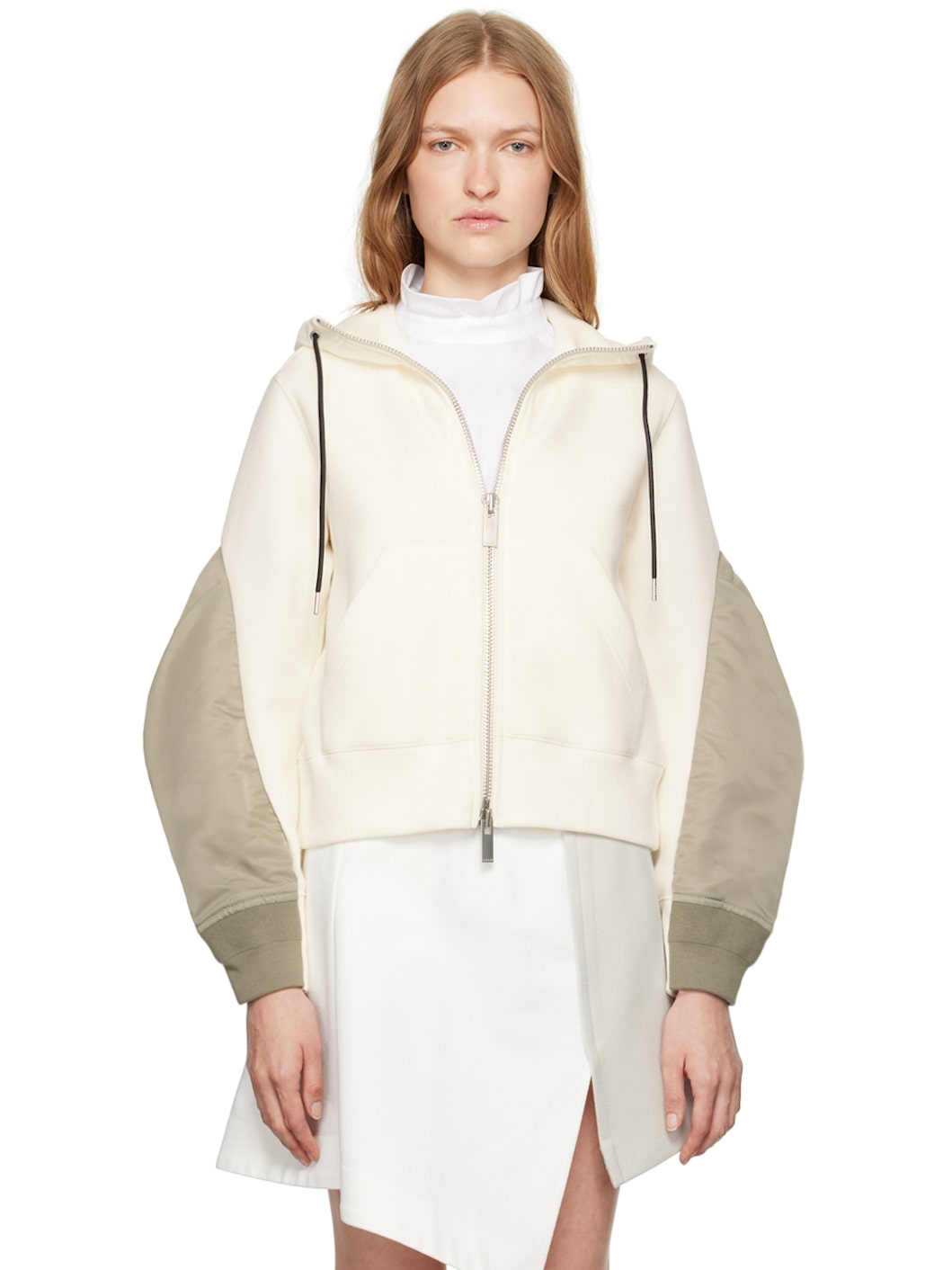 Off-White & Green Paneled Hoodie - 1