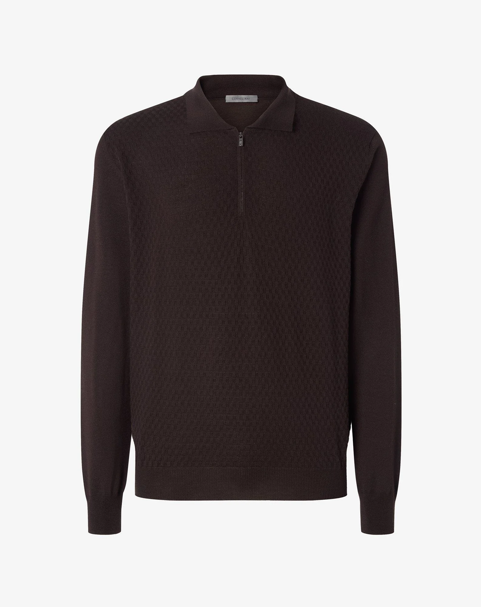 Dark brown pure merino wool zip-up polo shirt - 1