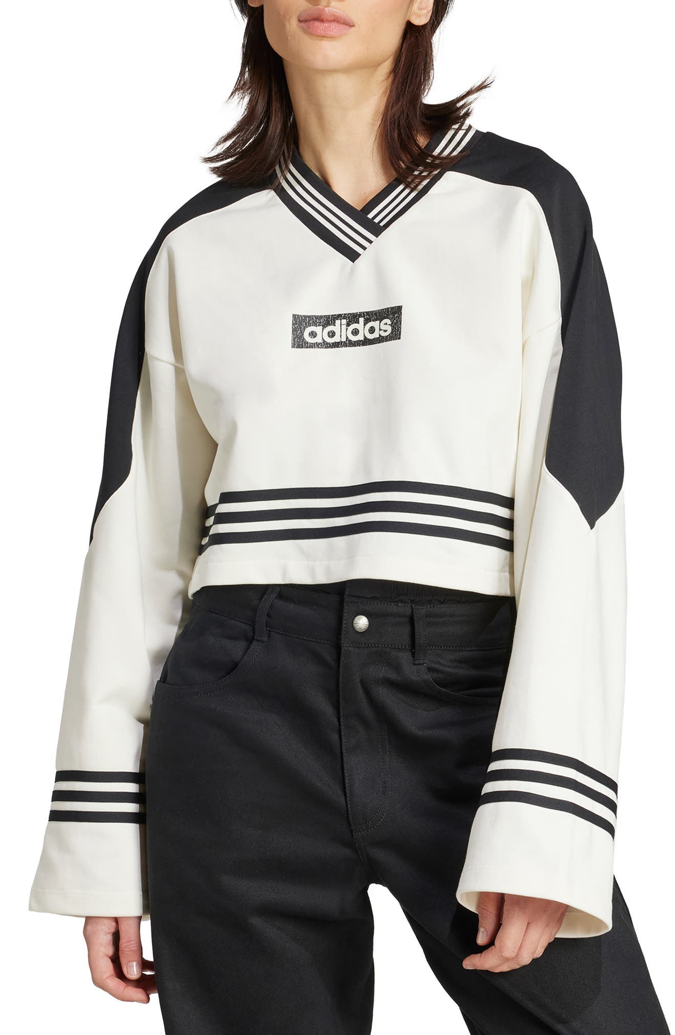 adidas Logo Cotton Blend Crop Sweatshirt in Off White/Black at Nordstrom - 1