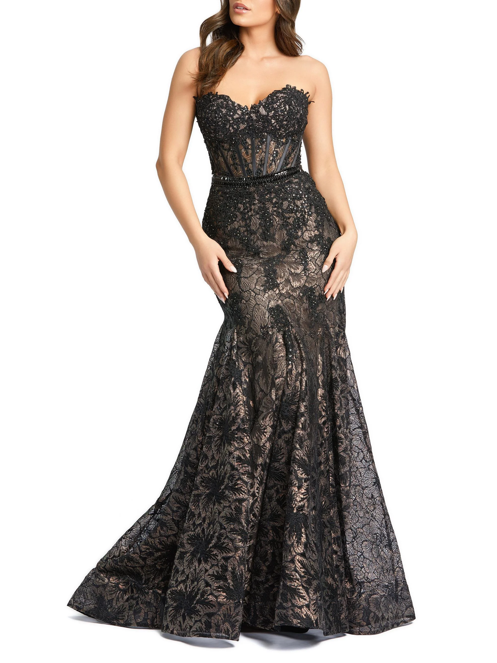 Women's Evening Sequined Lace Strapless Gown - Black Beige - 1