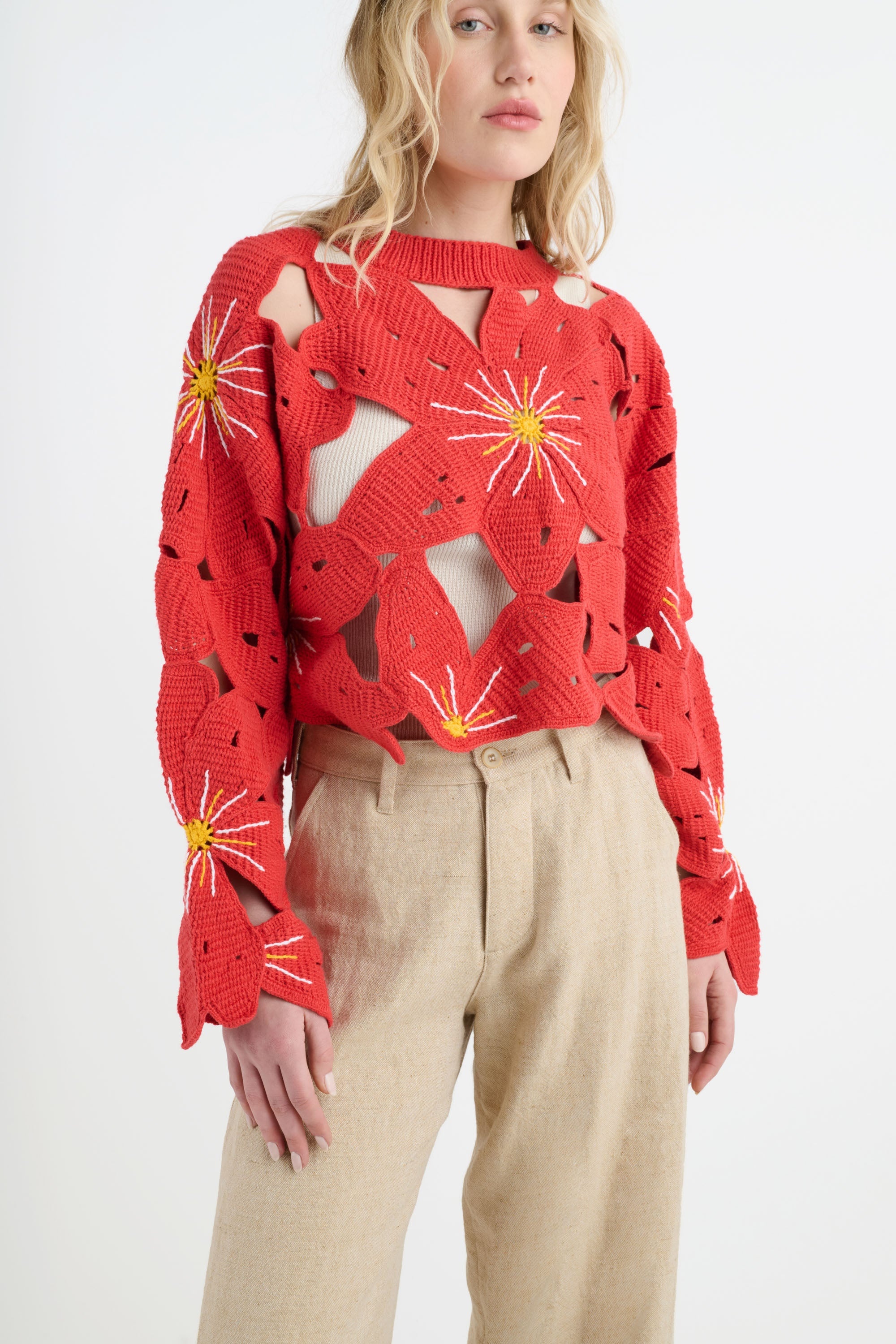 COTTON CROCHET FLOWER PULLOVER - 3