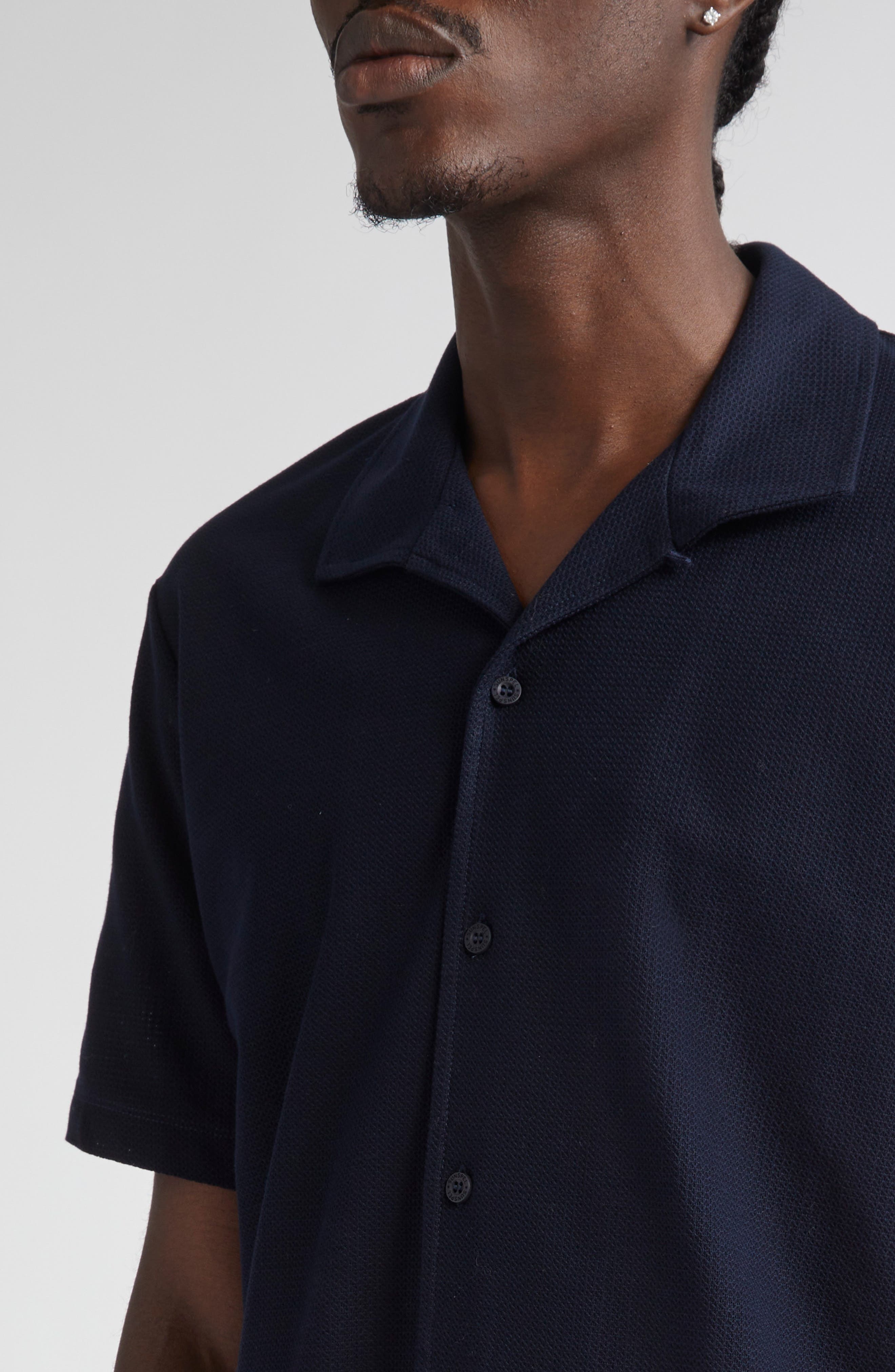 Sunspel Short Sleeve Textured Jersey Button-Up Shirt in Midnight Navy at Nordstrom - 4
