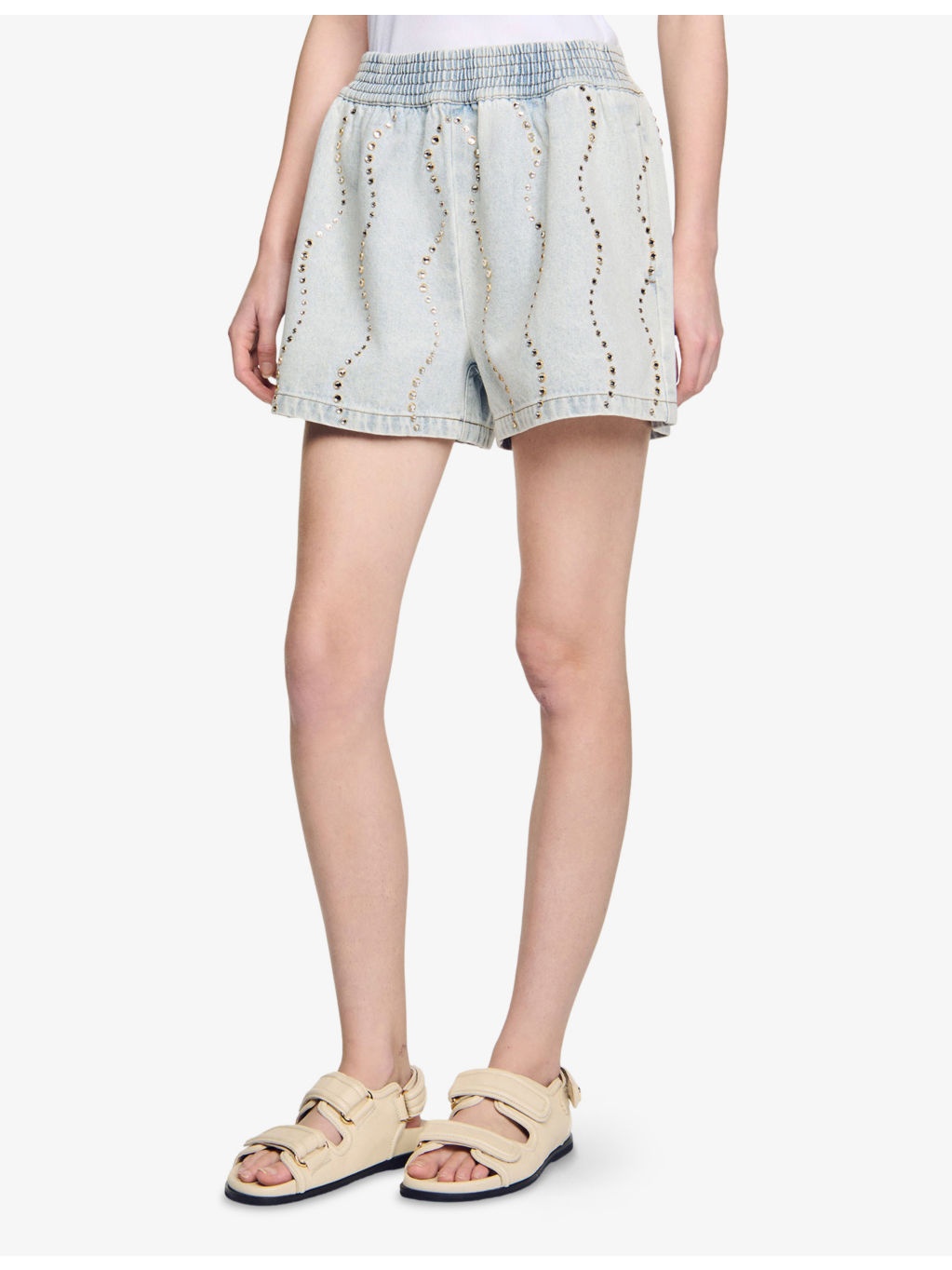 Rhinestone-Embellished Elasticated-Waist Denim Shorts - 3
