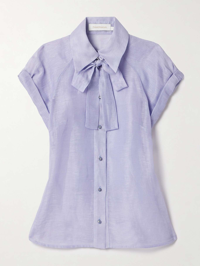 Crush pussy-bow crystal-embellished linen and silk-blend organza shirt - 1