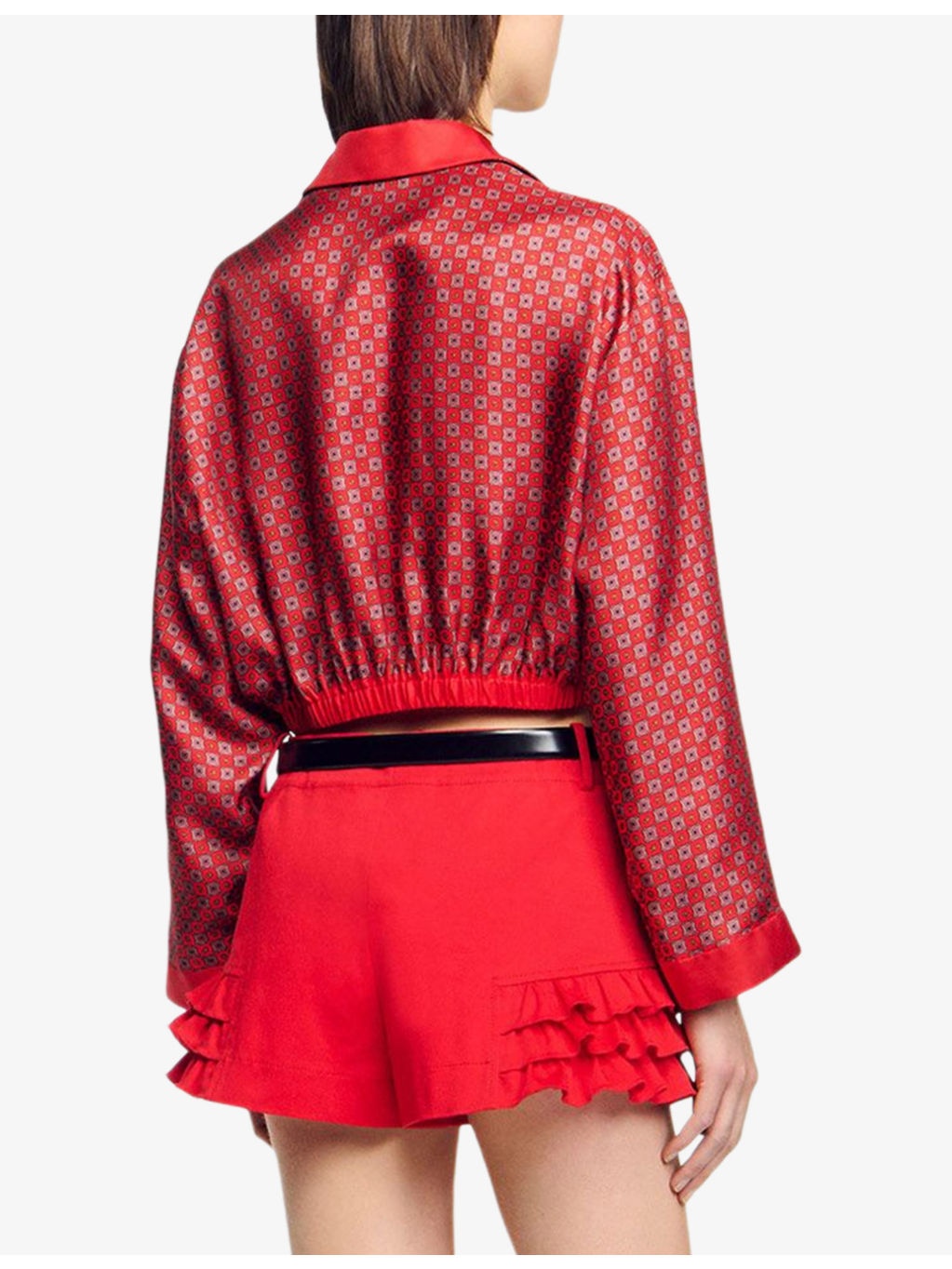 Scarf-Print V-Neck Cropped Woven Shirt - 4