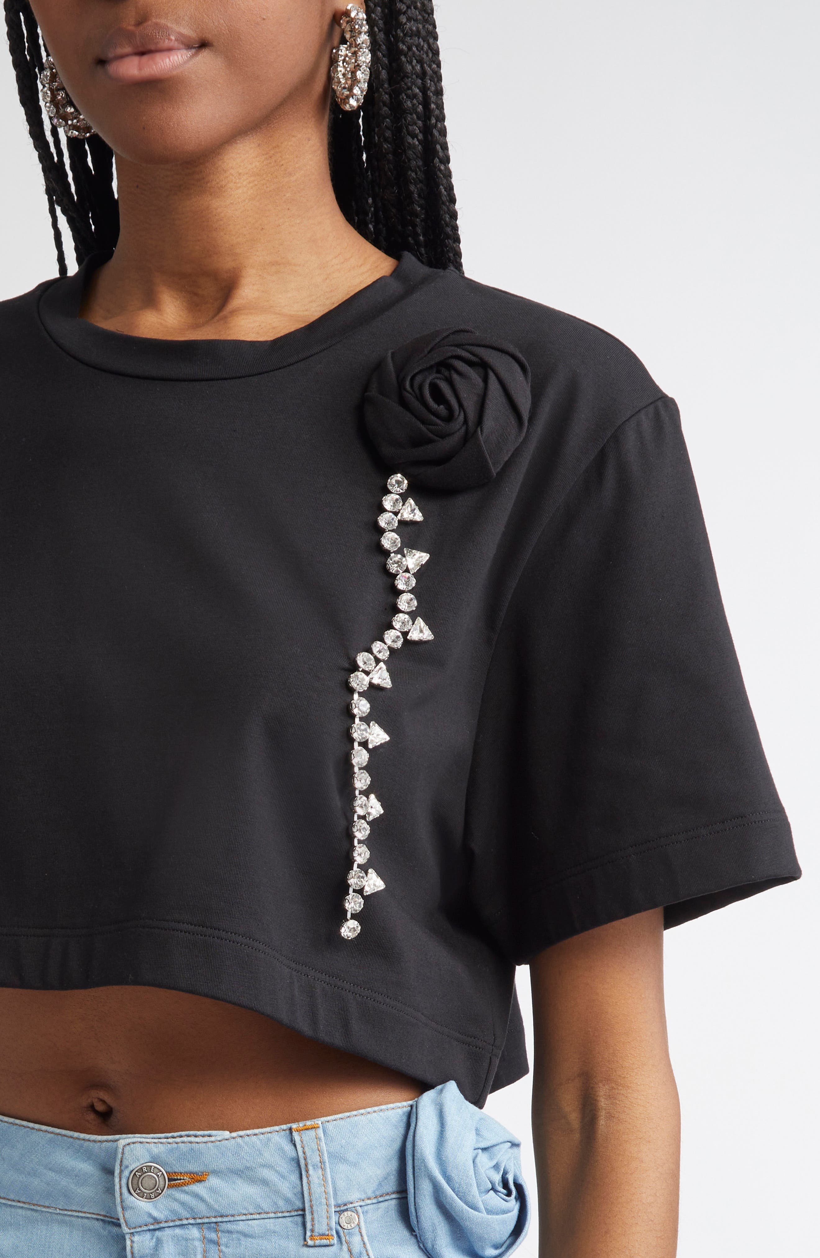 Area Crystal Rosette Crop T-Shirt in Black at Nordstrom - 5