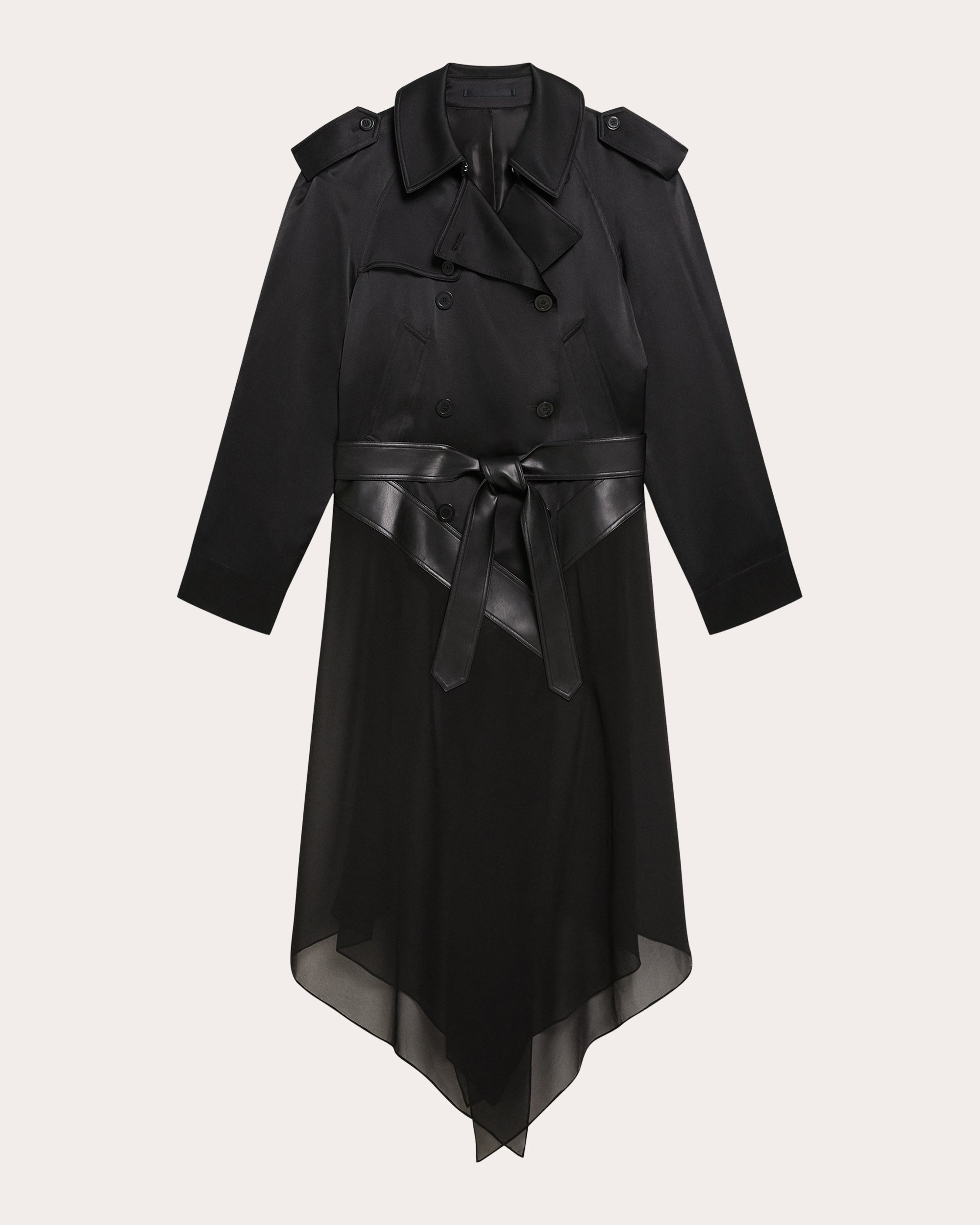 Leather Trimmed Silk Chiffon Trench Coat - 6