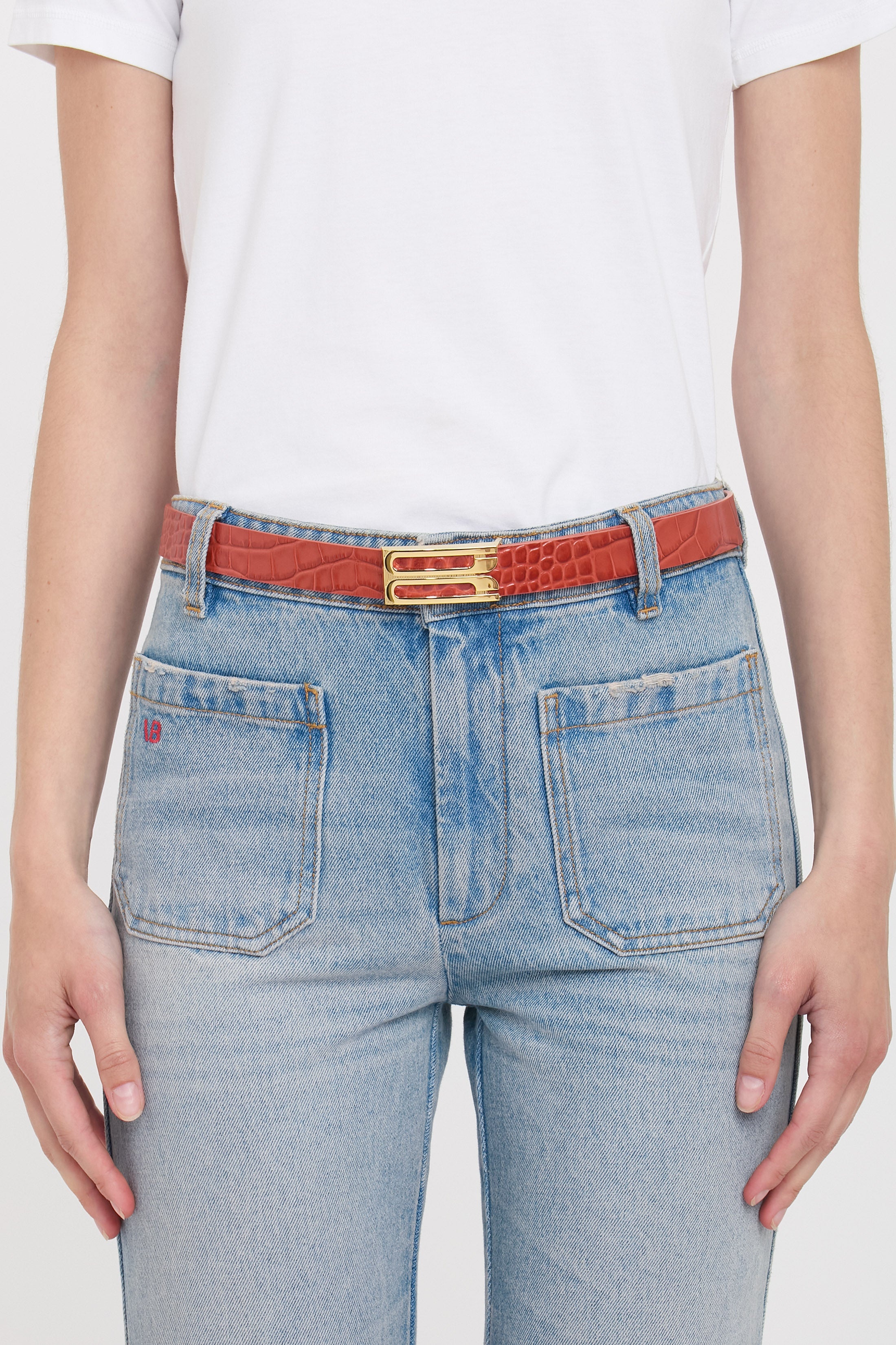 Frame Belt In Brick Red Croc Embossed Leather - 3