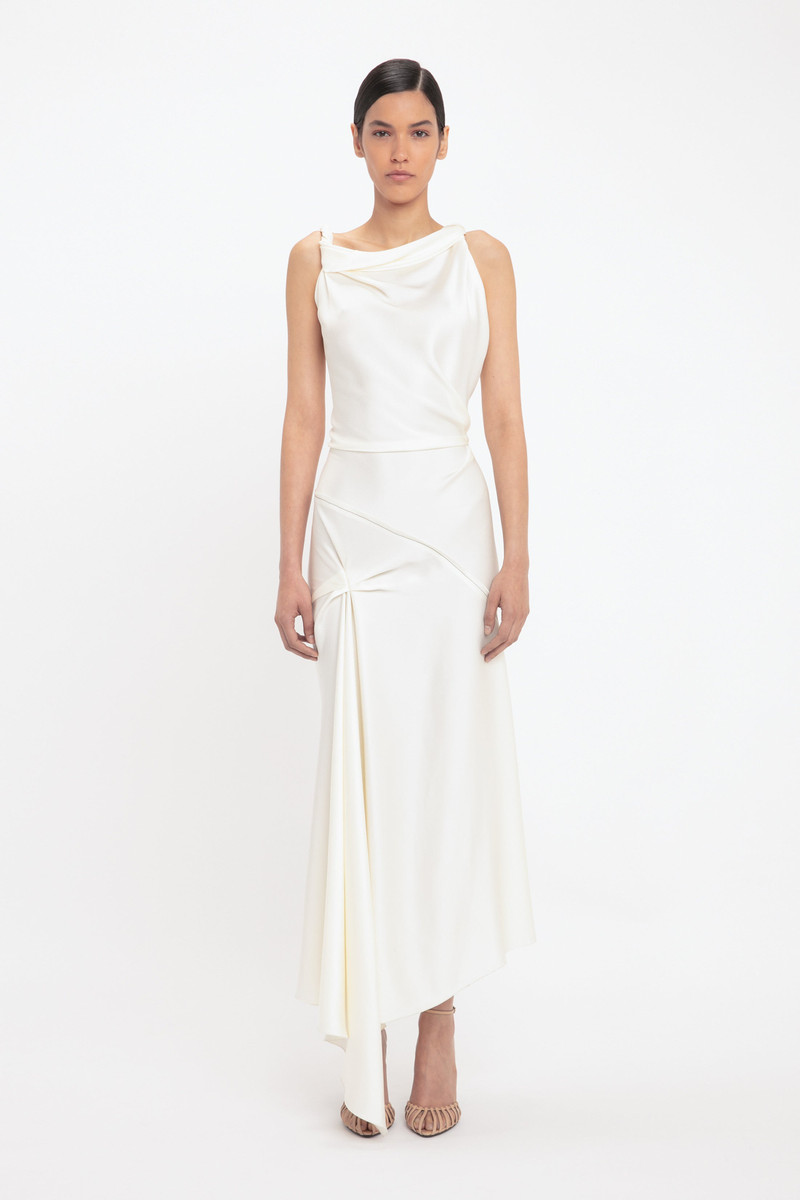 Victoria Beckham Asymmetric Draped Midi Dress In Ivory outlook