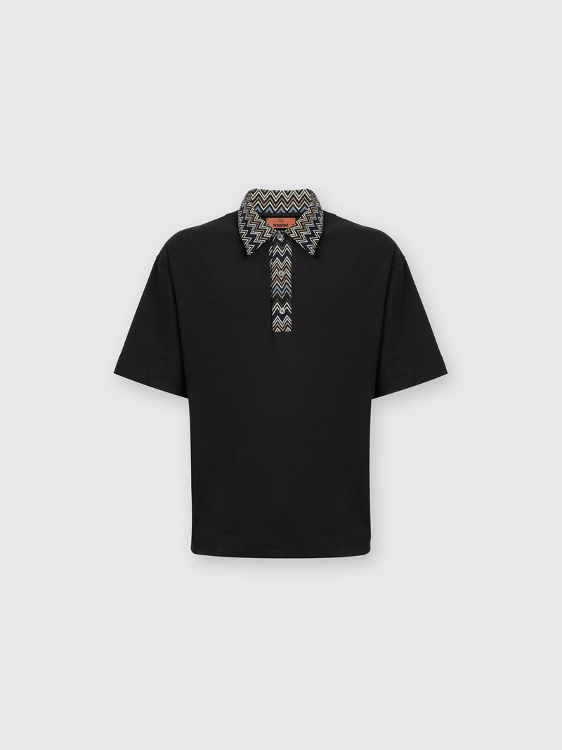 Cotton jersey polo shirt with chevron knit inserts 1