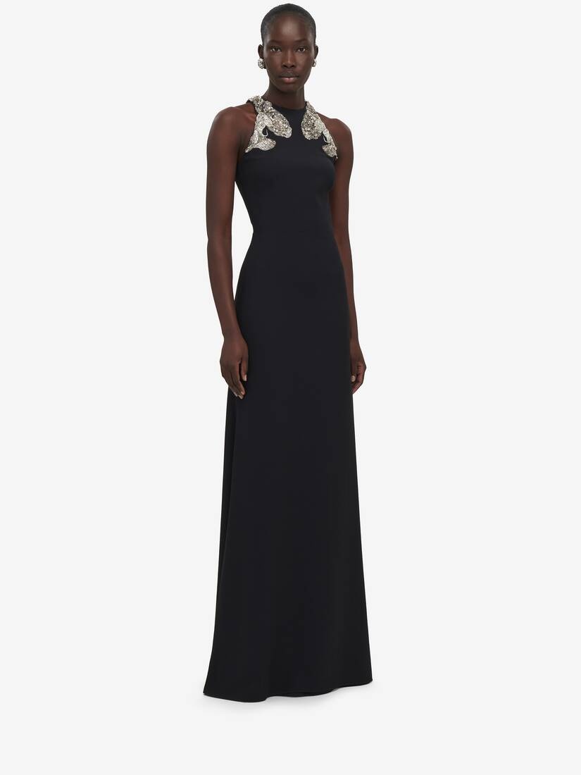Women's Embroidered Evening Dress in Black - 3