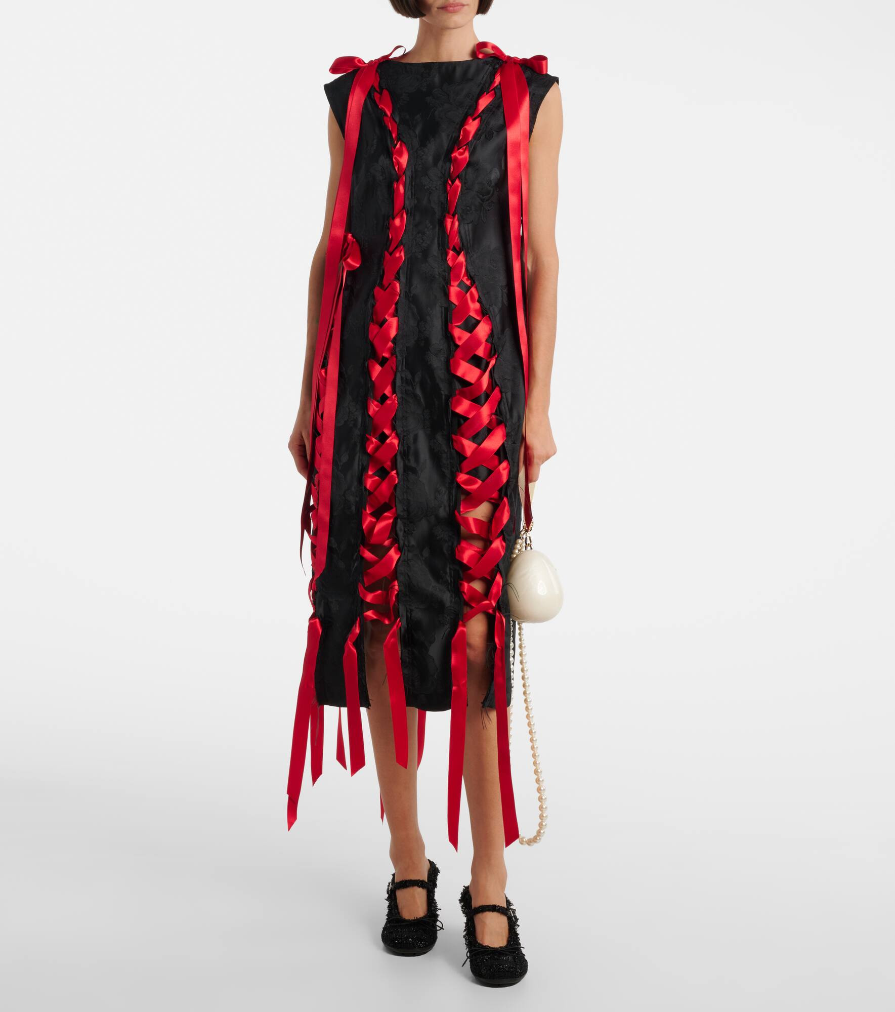 Satin-trimmed brocade midi dress - 2