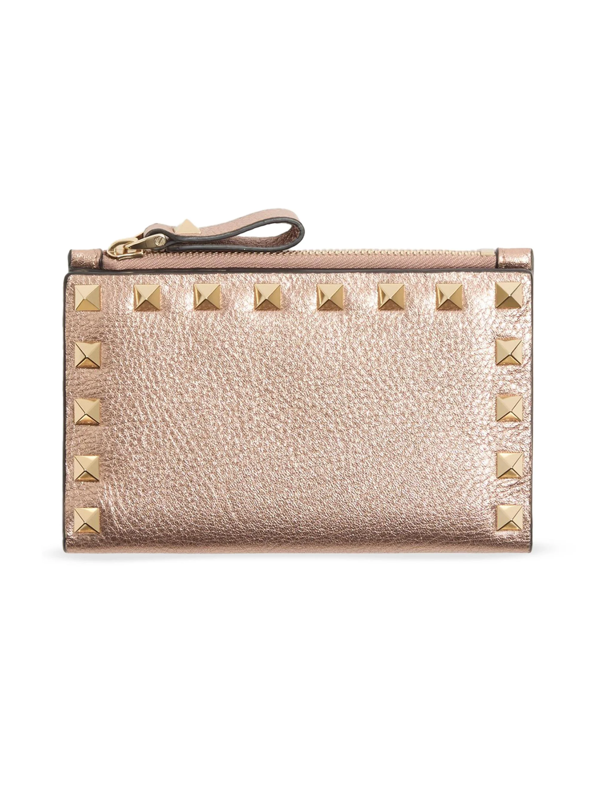 Women's Rockstud Laminated Grainy Calfskin Card Holder - Rose Cannelle - 1