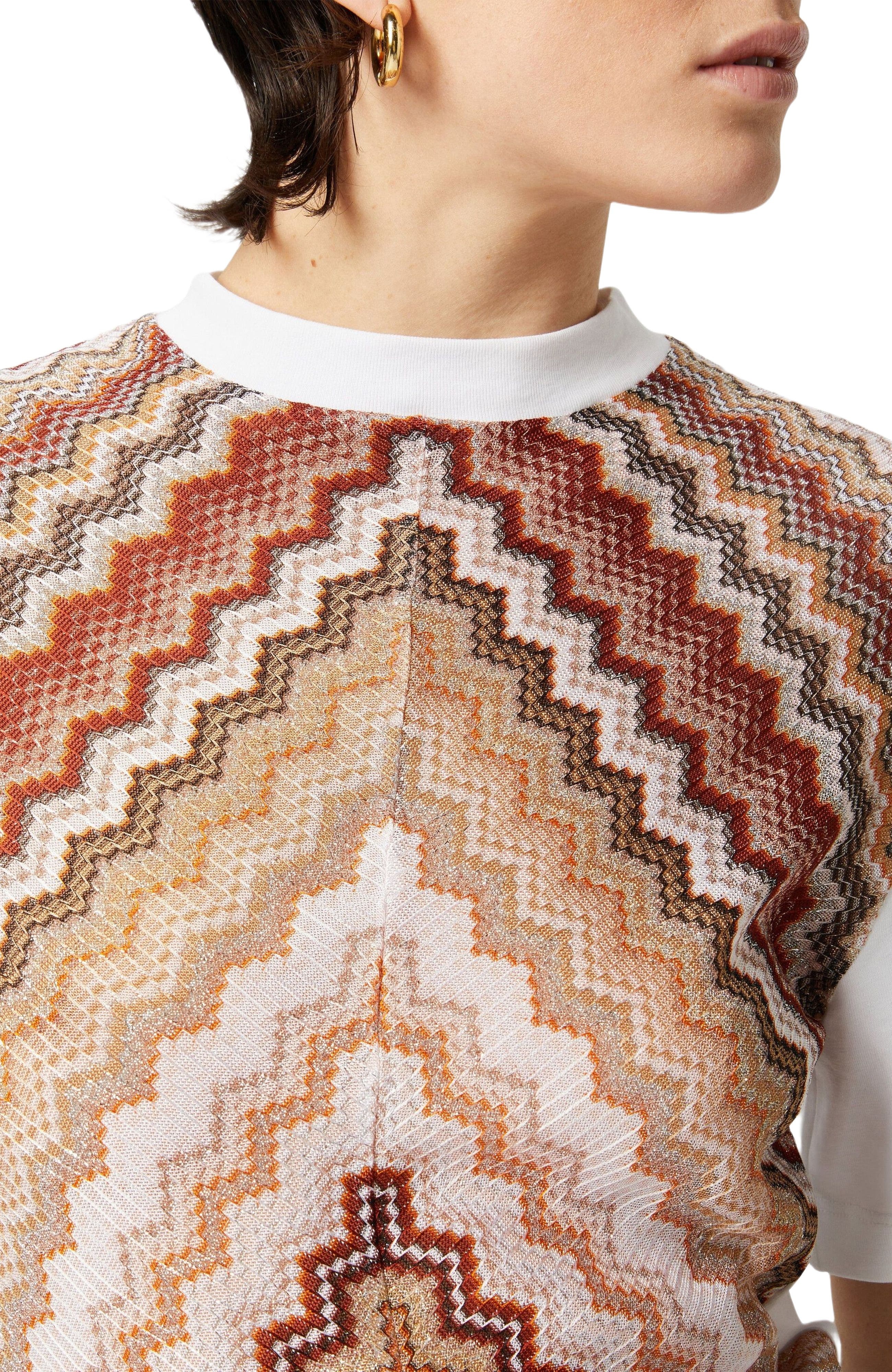 Missoni Crewneck T-shirt With Lamé Zig Zag Knit Insert in White & Beige at Nordstrom - 7