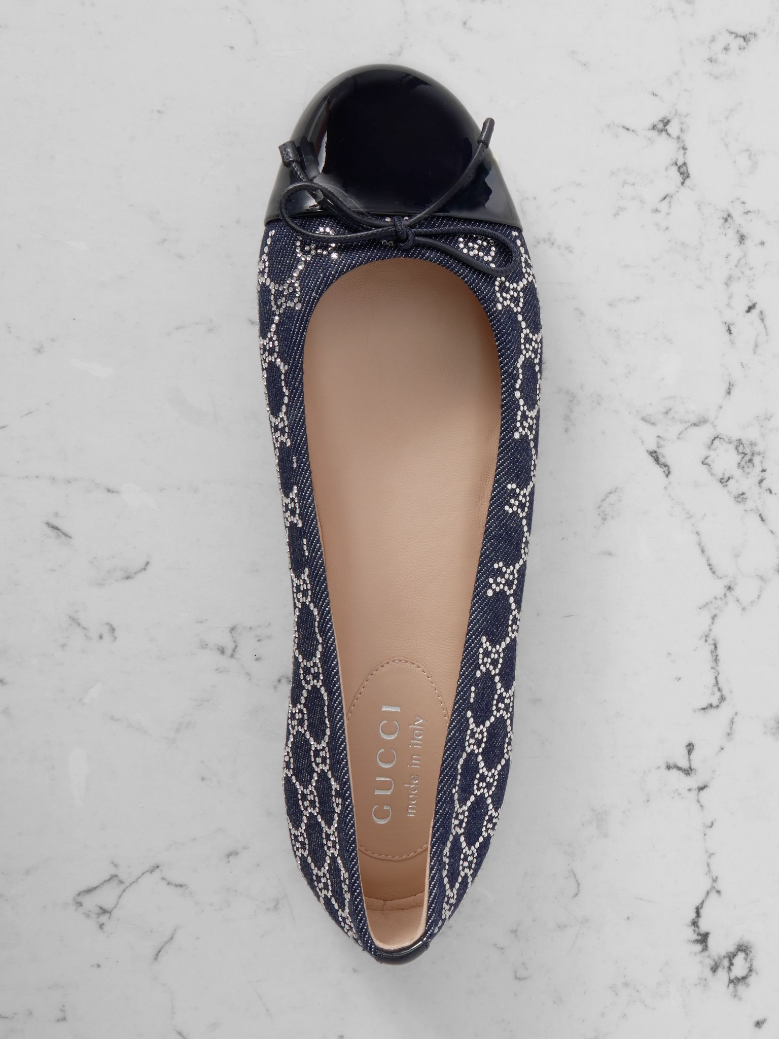 New Marmont crystal-embellished leather-trimmed denim ballet flats Navy - 5