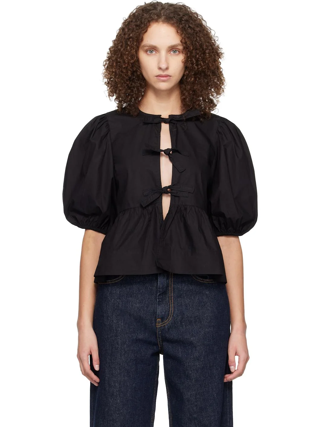 Black Cotton Poplin Peplum Tie Blouse - 1