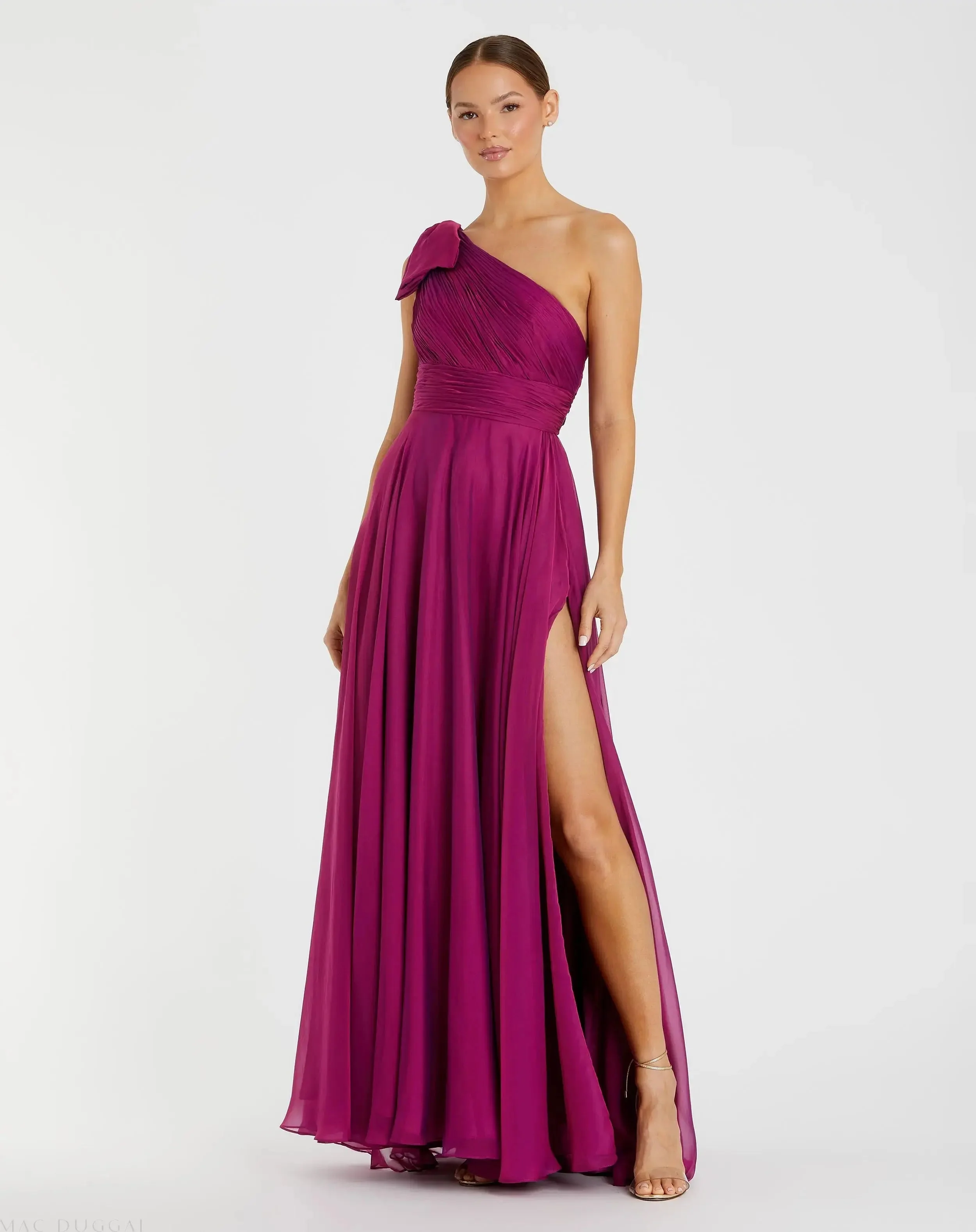 Purple Sleeveless One Shoulder Pleated Gown - 1