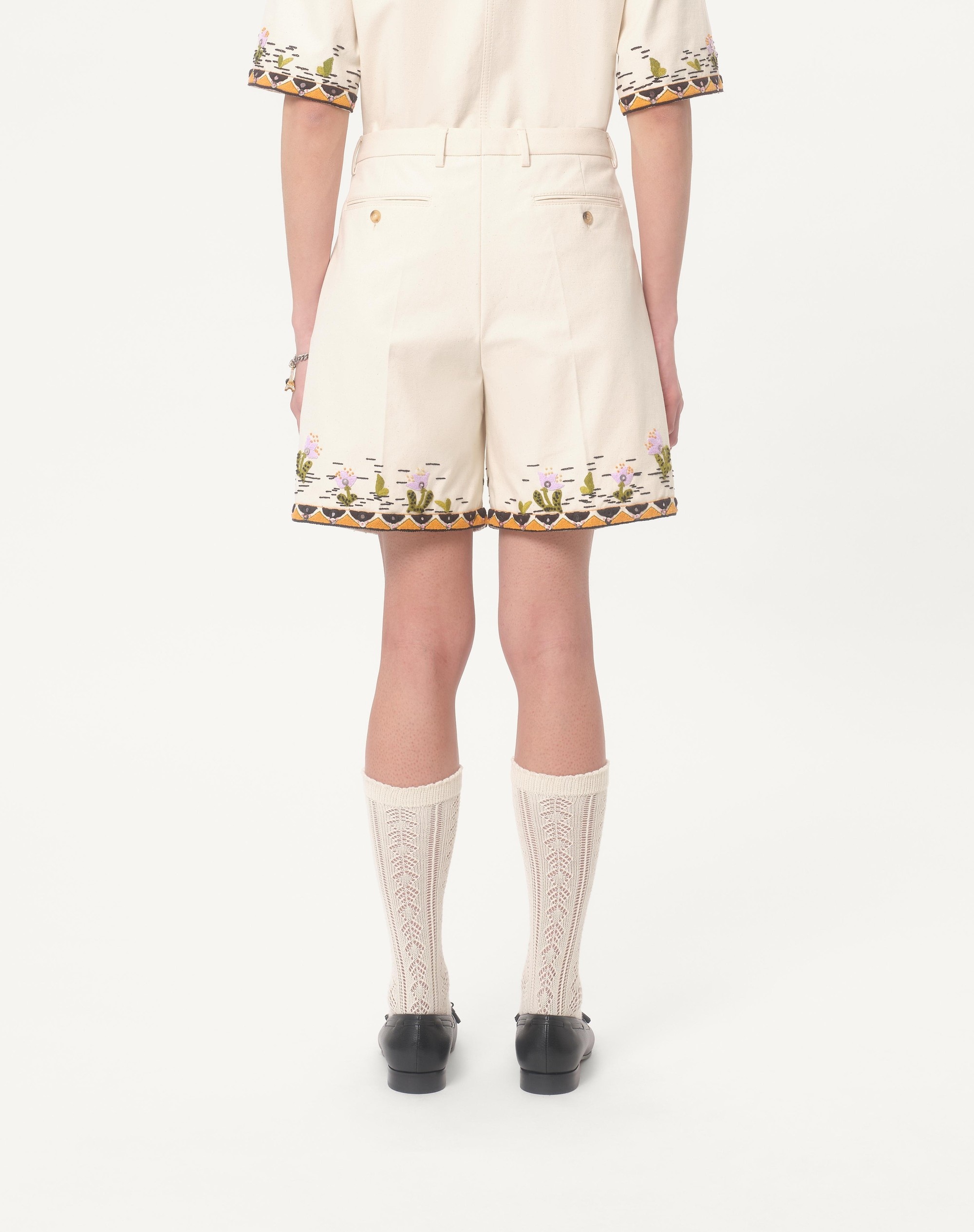 COTTON CANVAS BERMUDA SHORTS WITH FLORAL EMBROIDERY AND JACQUARD TRIMMINGS - 5