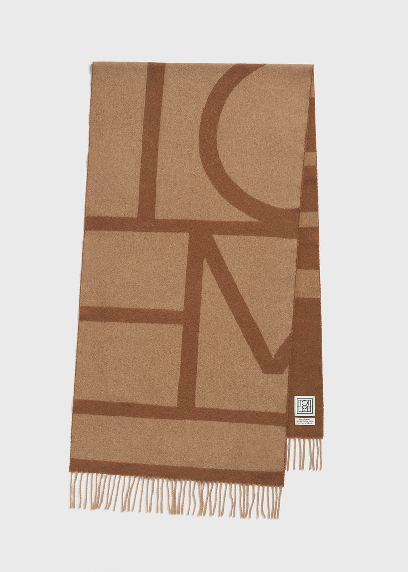 Monogram jacquard wool scarf camel 5