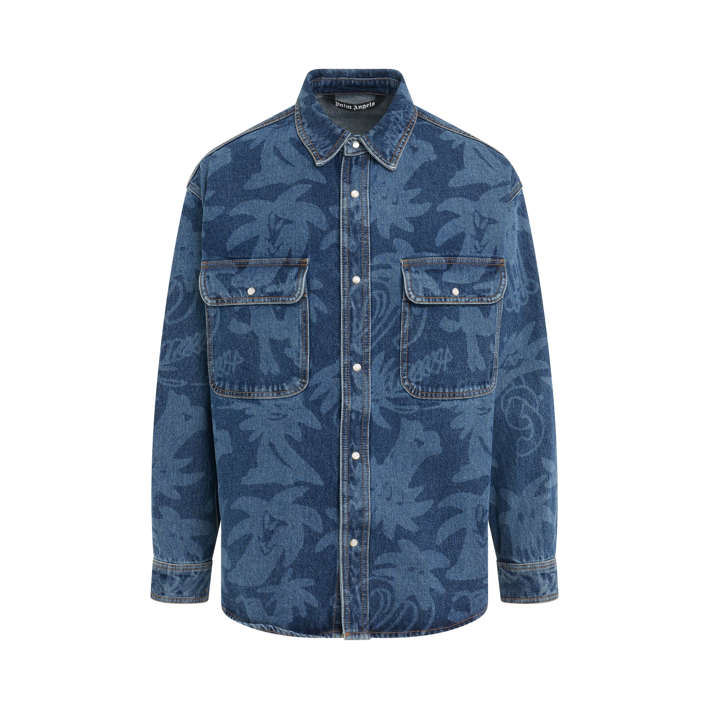 Palmity Laser Printed Denim Shirt in Blue - 1